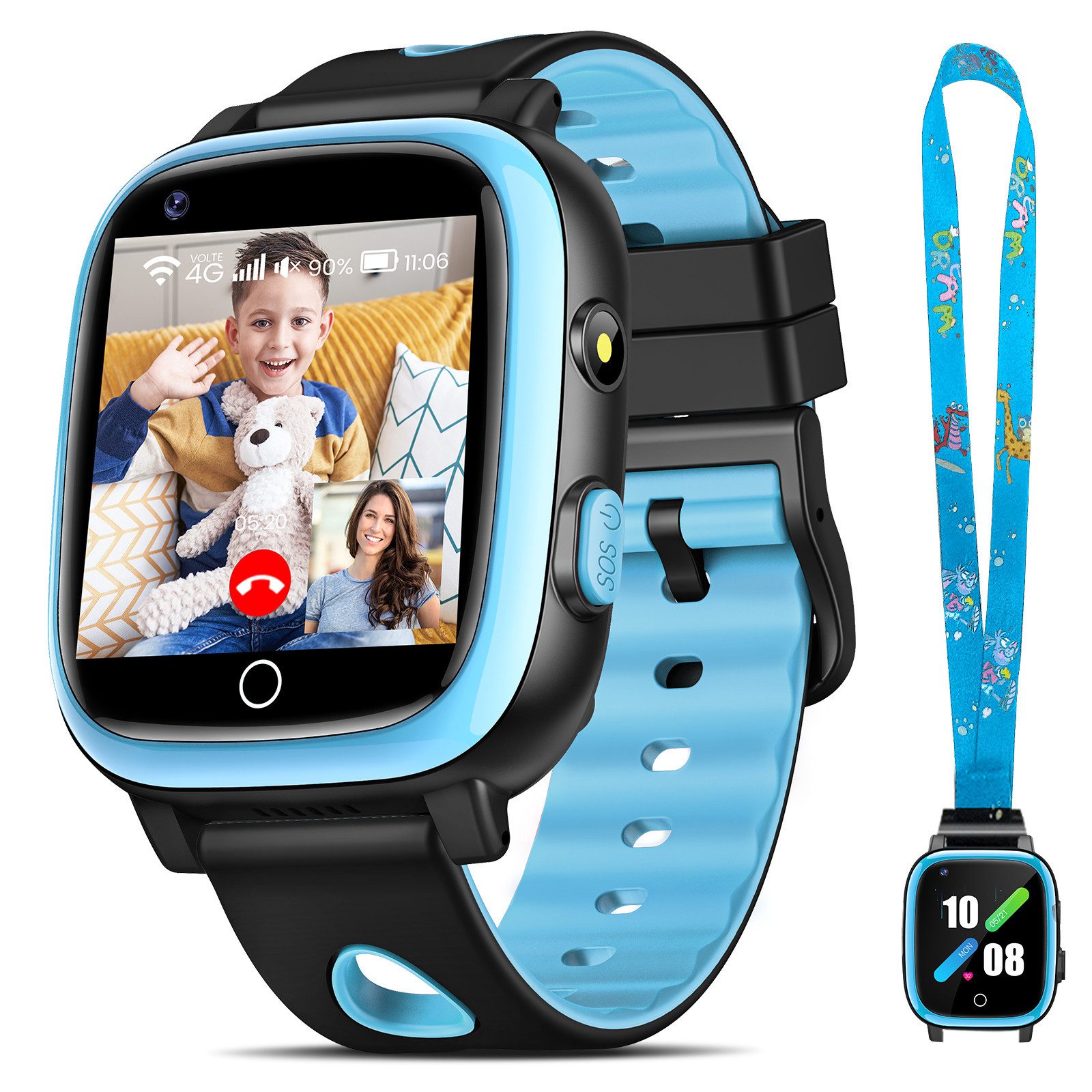 Sanorum 4G Smartwatch kinder mit GPS und Telefonfunktion Smartwatch (3.3 cm/1,3 Zoll, HD Voll Touchscreen) IP68 Kinder Smartwatch, mit Videoanrufen, SOS, WiFi, Musik, Wecker, Schulmodus, Geschenke für Jungen Mädchen, mit Halsseil