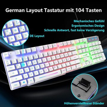 ZIYOU LANG QWERTZ German Layout Regenbogen LED Hintergrundbeleuchtung Tastatur- und Maus-Set, Ergonomische Keyboard 6 Tasten 2400 DPI Maus und Mauspad USB Verkabelt