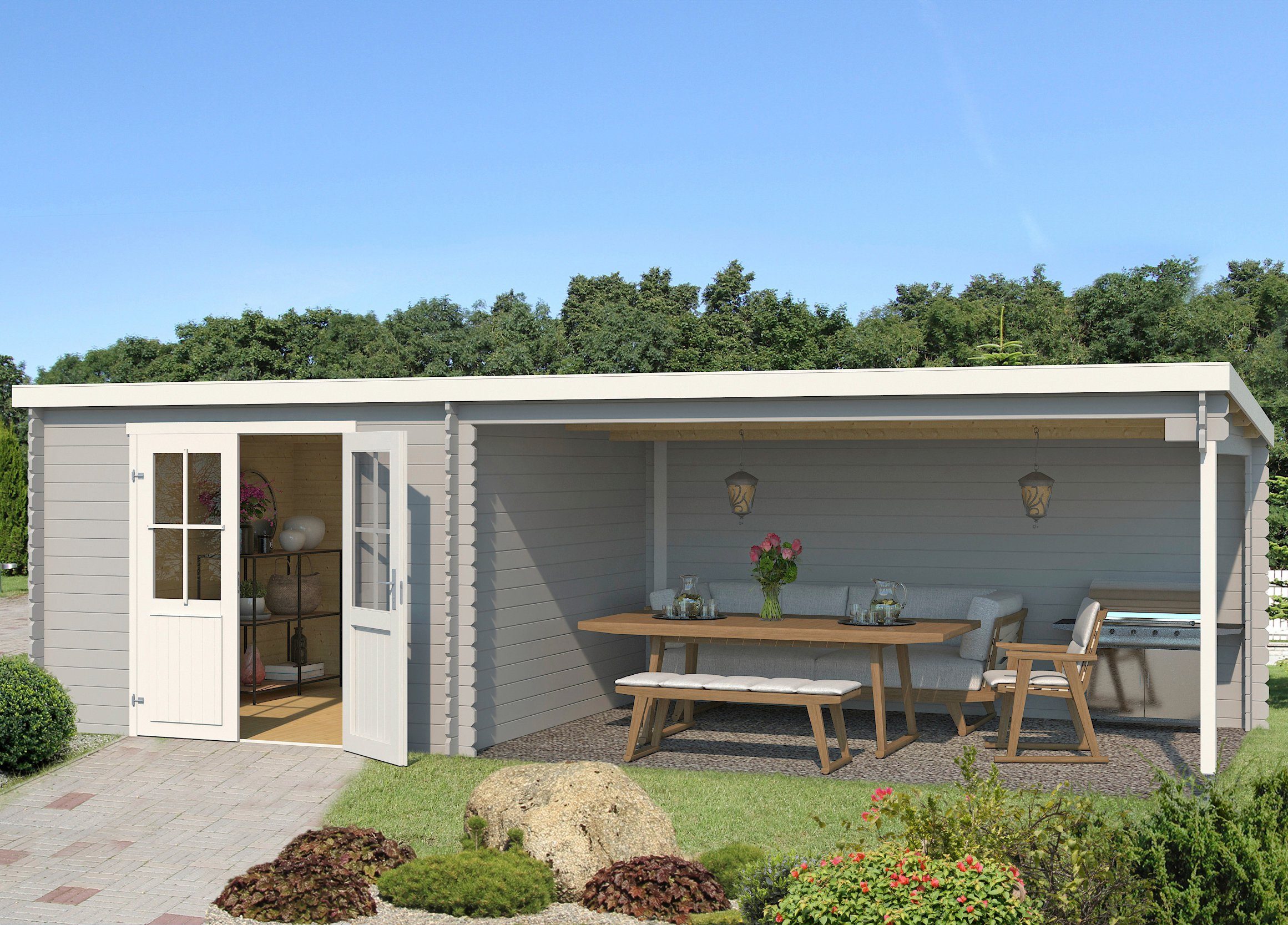 LASITA MAJA Gartenhaus St. Louis, BxT: 701x319 cm, (Set), Blockbohlenhaus 28mm, mit Anbau