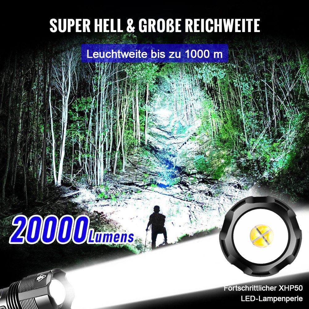 HT Taschenlampe Taschenlampe LED Aufladbar mit 20000 Lumen Extrem Hell (Zoombare Taktische Taschenlampen Starke mit 5 Lichtmodi), IP64 Wasserdichte Flashlight Torch für Camping, Wandern, Notfäll
