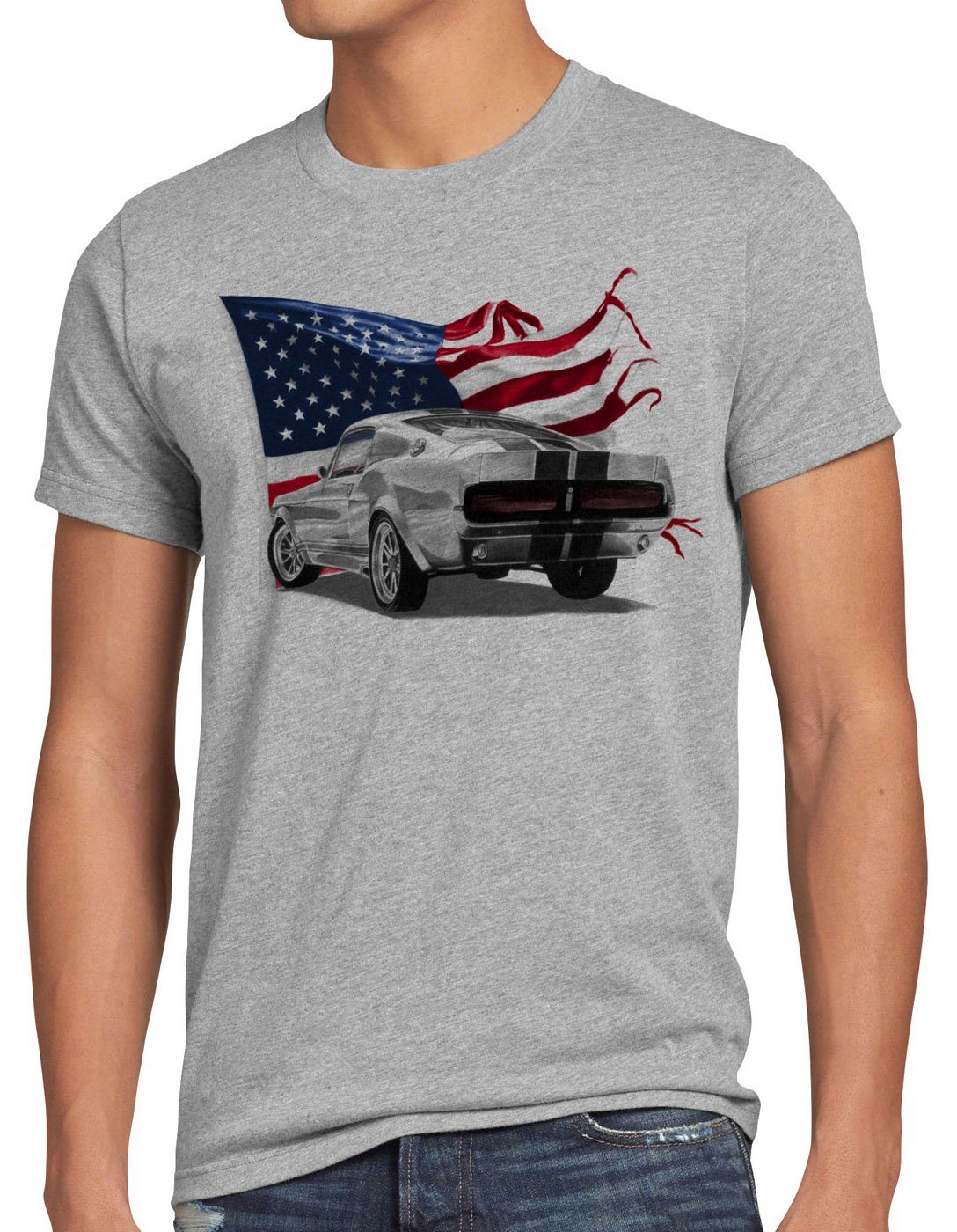 style3 Print-Shirt Herren T-Shirt Stars and Stripes Muscle Car eleanor mustang grau meliert