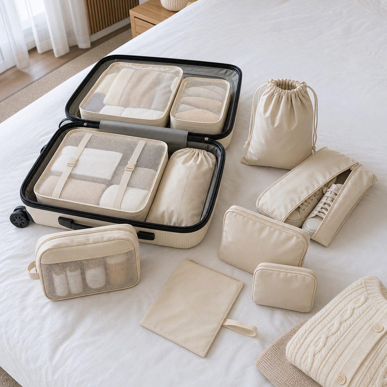 H-basics Kofferorganizer Packwürfel Set 7-teilig Creme Mesh Packing Cubes