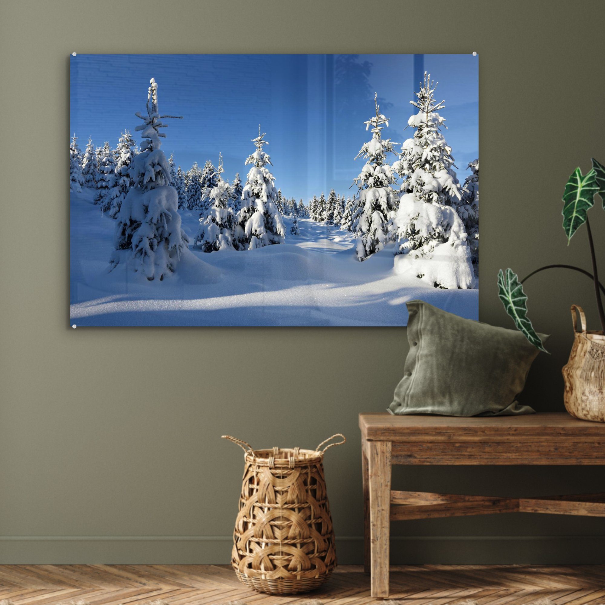 des Harz Acrylglasbilder Schlafzimmer die bedeckt MuchoWow Wohnzimmer Nationalparks & St), Deutschland, Acrylglasbild Nadelbäume Schnee (1 in