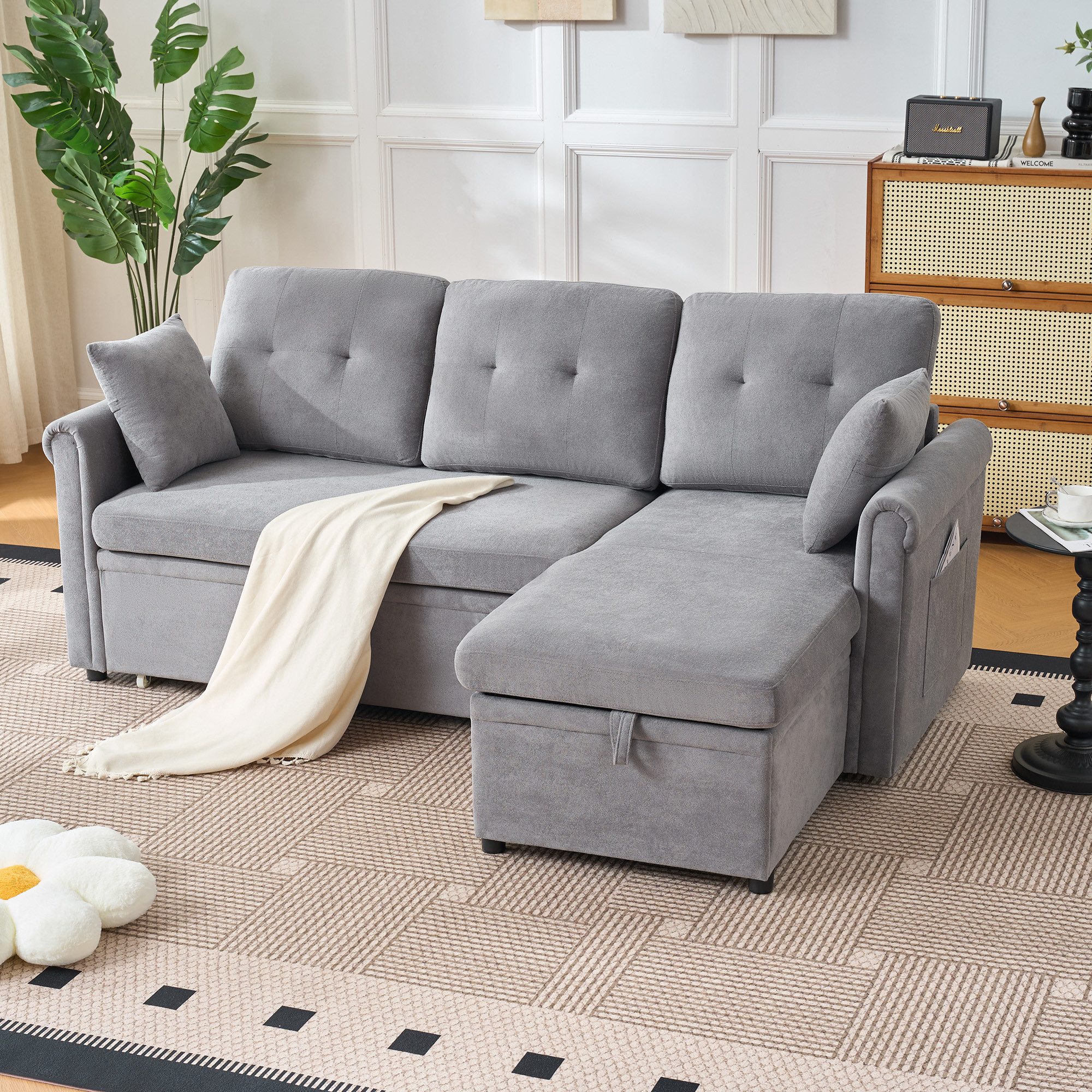 MODFU Ecksofa mit Bettkasten und Schlaffunktion, Schlafsofa mit Stauraum, beidseitig montierbar, L-Form Sofa aus Samt 1 Teile