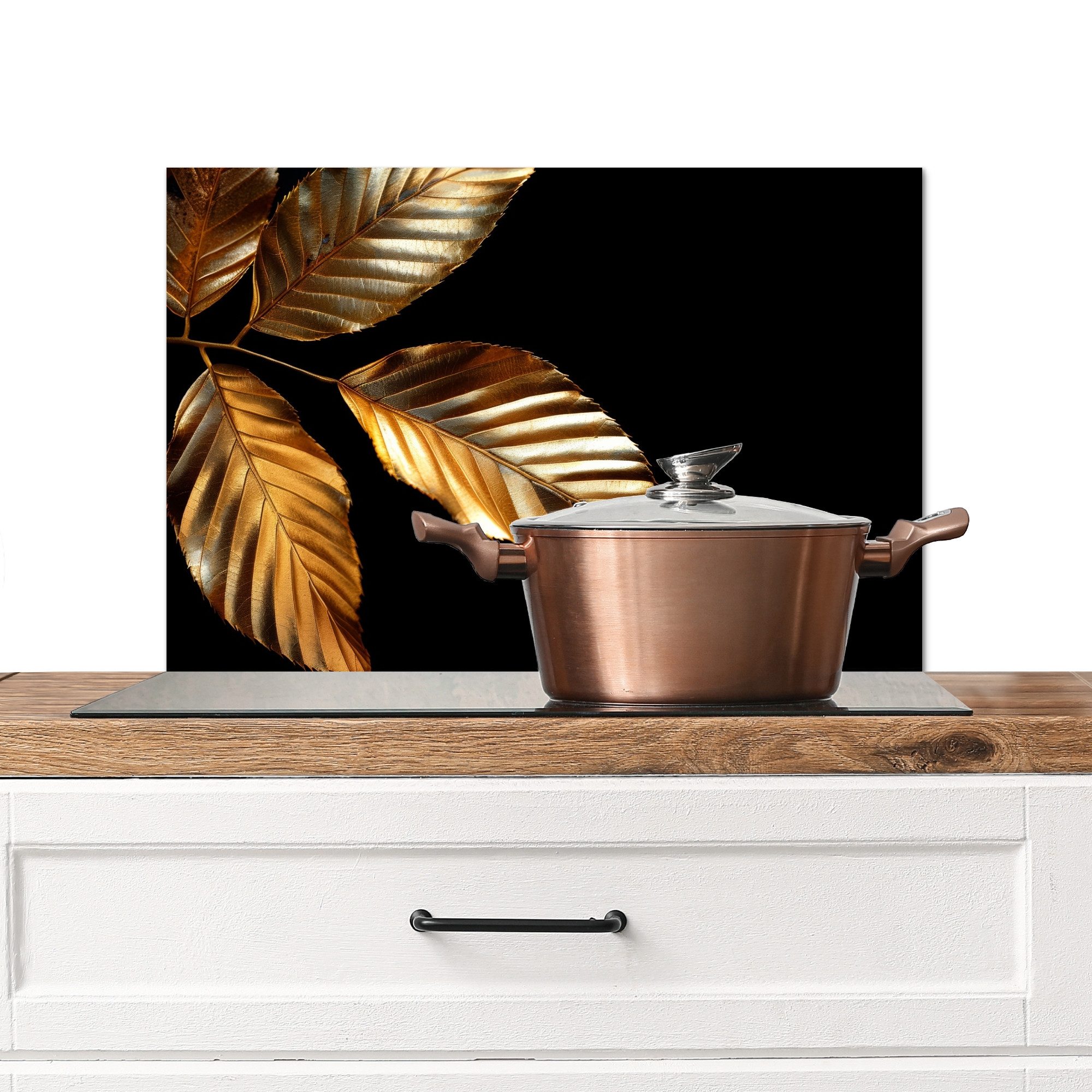 MuchoWow Küchenrückwand Blatt - Gold - Schwarz - Luxus, (1-tlg), Spritzschutz Küche, Küchendeko, 60x40 cm