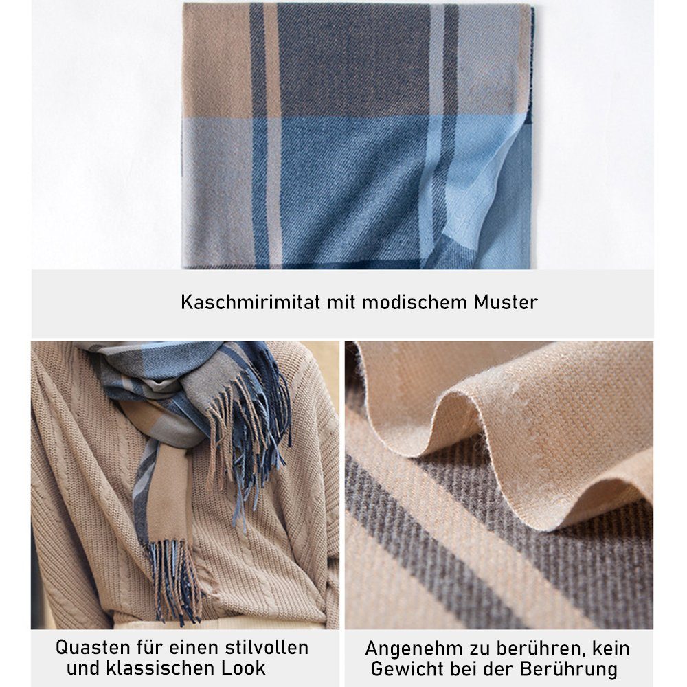 Komfort Wollschal Weich Damen Quadratisch Schal,Kariert übergroßer Fransen zggzerg Schal Graublau
