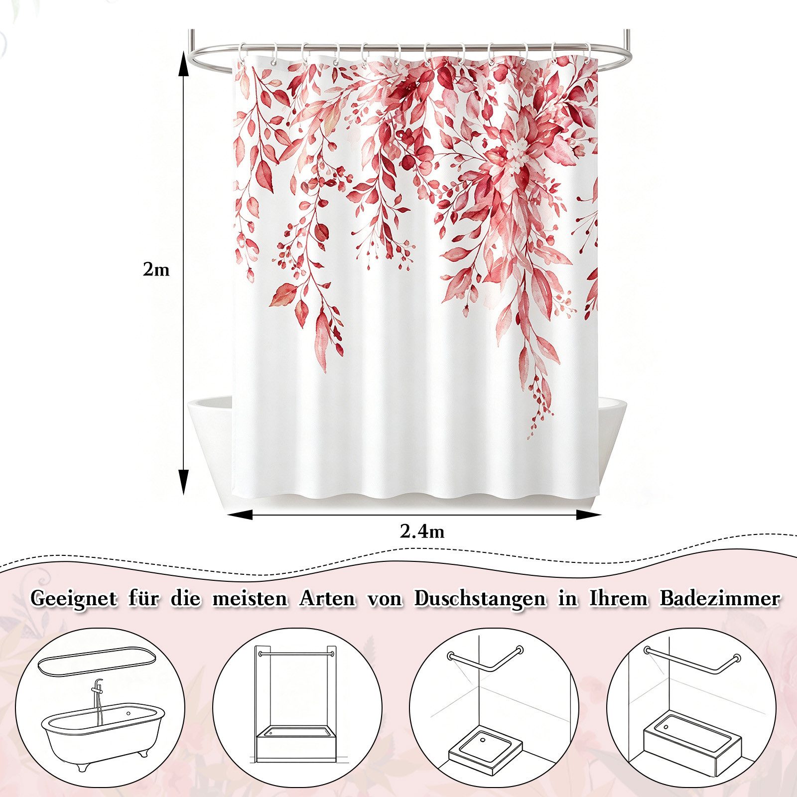 M&W DAS DESIGN Duschvorhang 180x200 Shower curtains Anti schimmel Duschvorhang waschbar – Bild 2 von 5