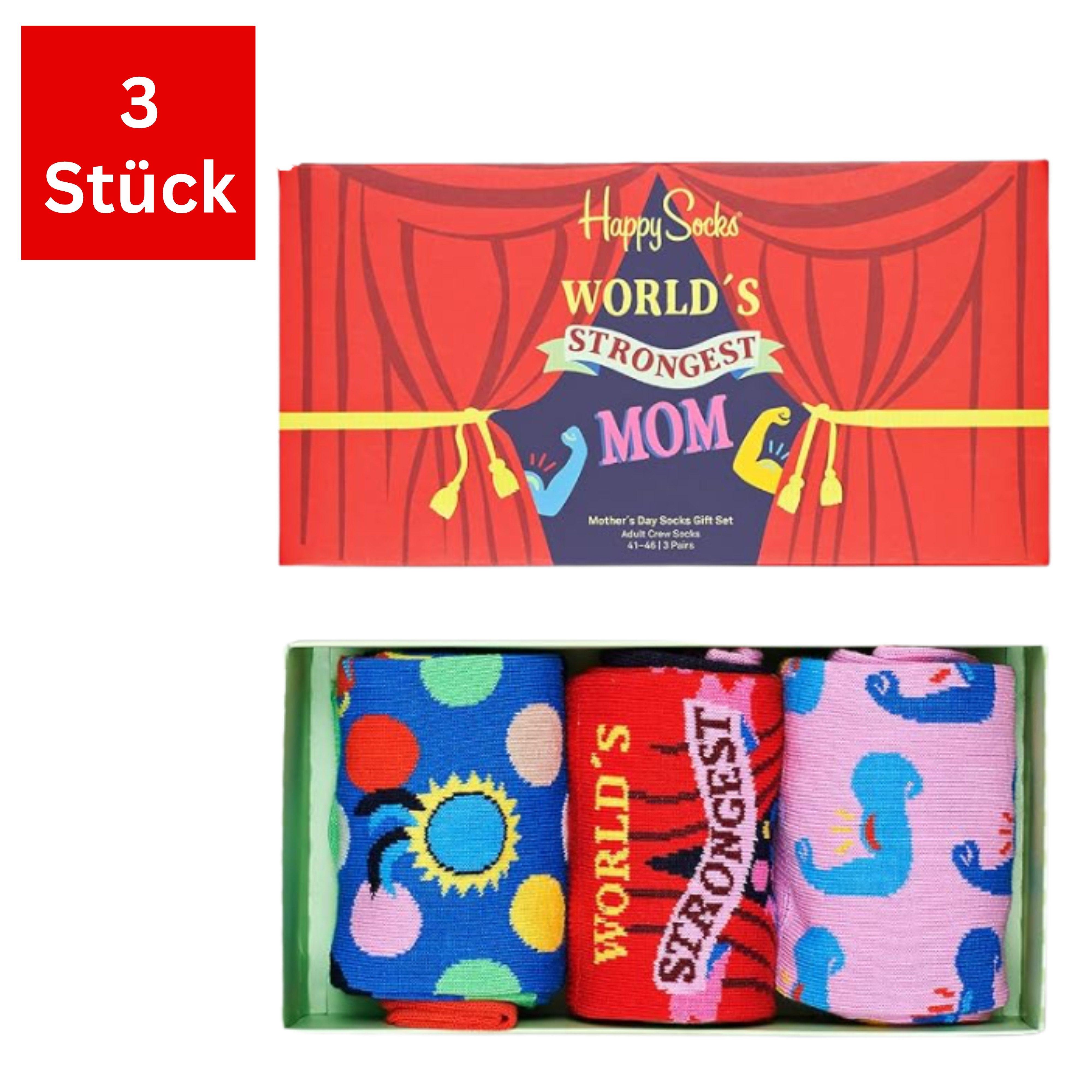 Happy Socks Freizeitsocken 3er Pack (41-46) Baumwoll Socken mit Motiv World's Strongest Mom