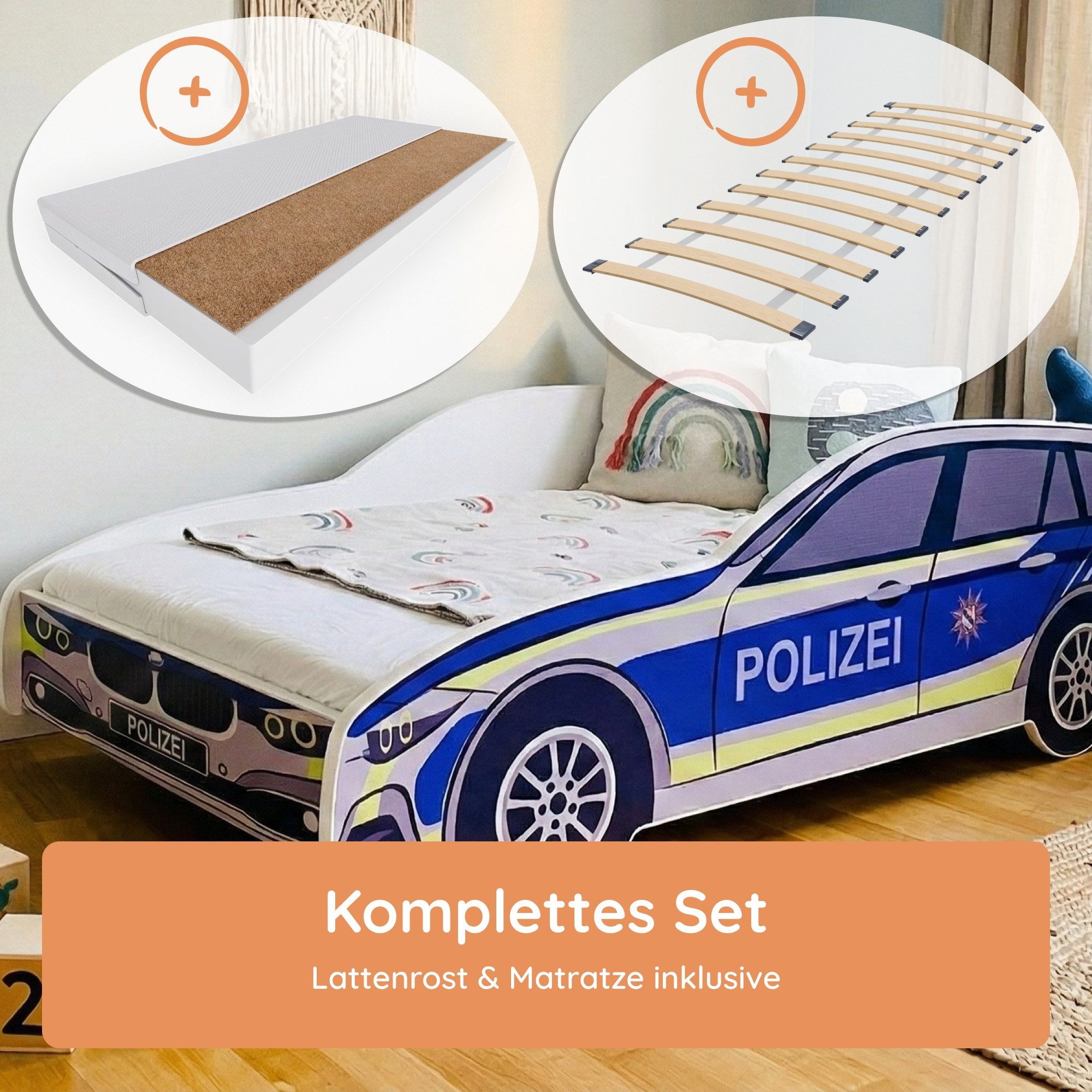 Kids Collective Autobett Kinderbett Jugendbett Polizei 70x140, 80x160 cm mit Rausfallschutz, Polizeiauto Polizisten Kinderspielbett mit Matratze 80x160 cm – Bild 4 von 5