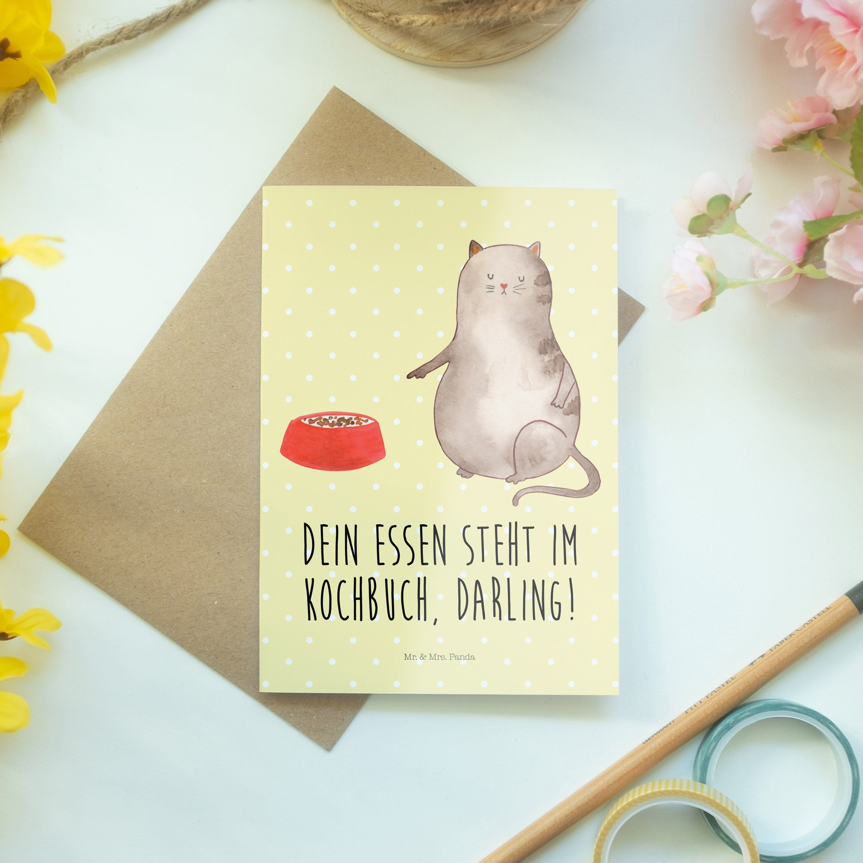 Mr. & Mrs. Panda Gelb - Geschenk, Grußkarte - Katze fressen Karte, Pastell Klapp Hochzeitskarte