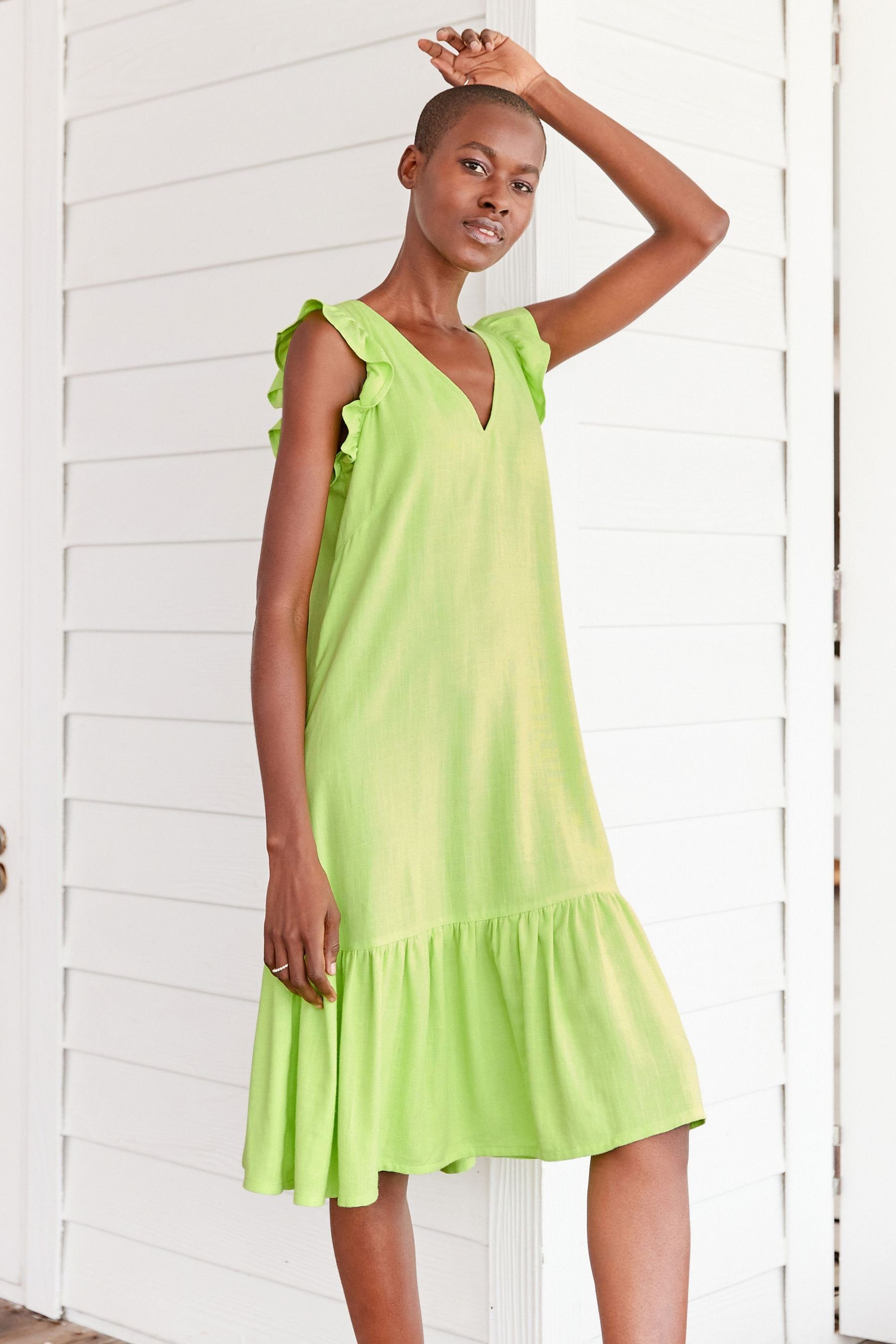 Next Minikleid Minikleid mit Rückenschleife Green (1-tlg) Lime und Rüschenärmeln