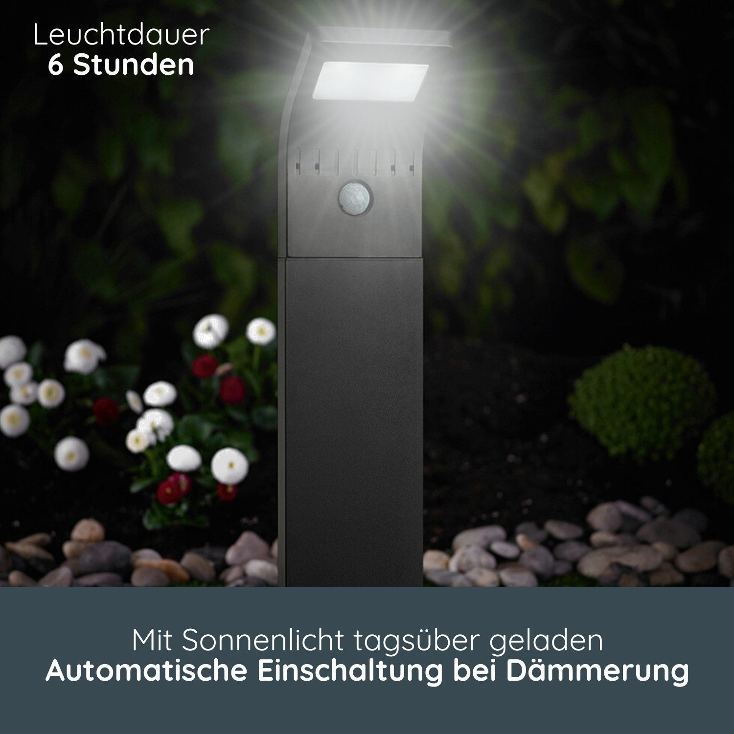 MeLiTec LED Solarleuchte SO44, Solar-Gartenleuchte, LED fest integriert, Tageslichtweiß, mit Bewegungsmelder, bis zu 6h Leuchtdauer, schwarz