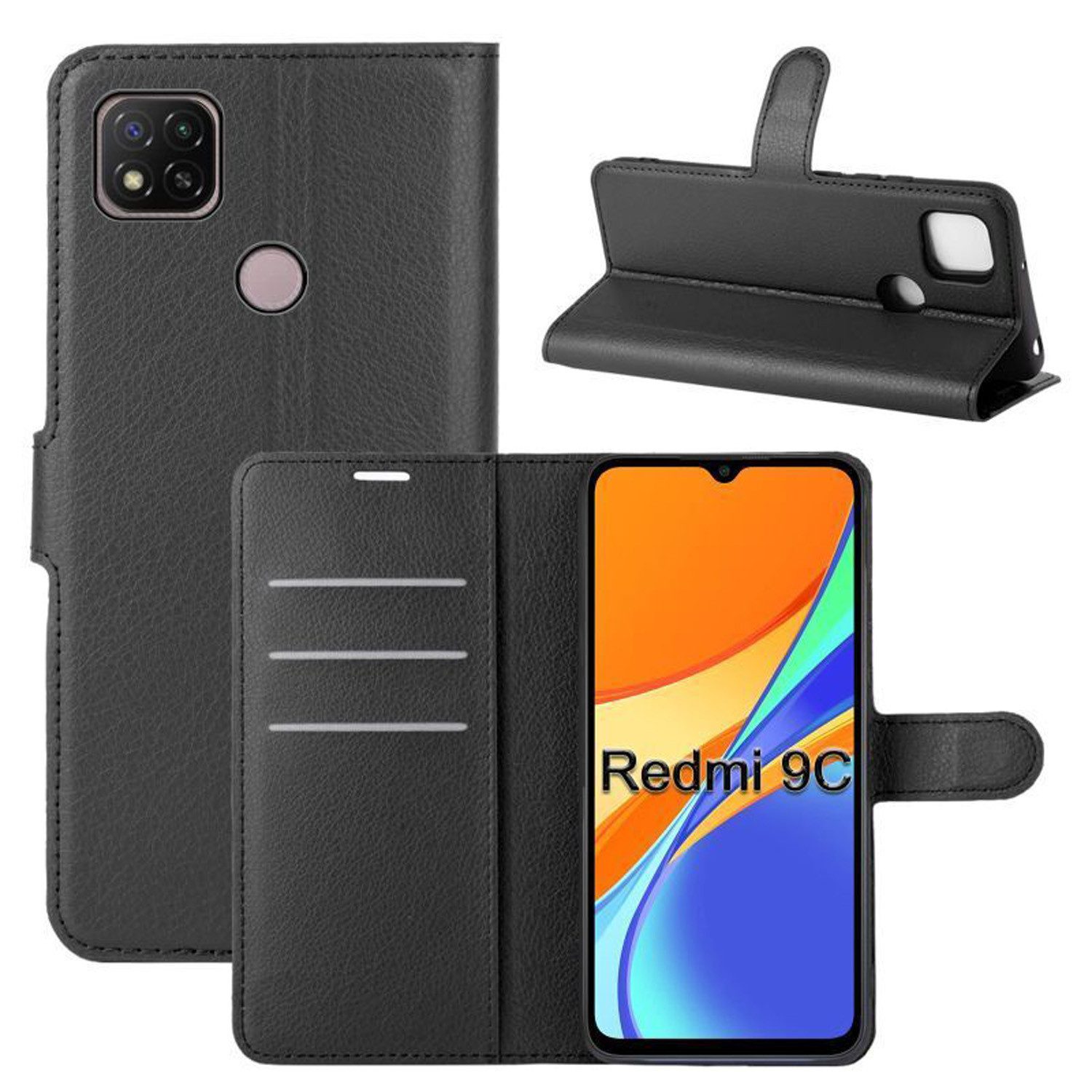 betterfon Handyhülle Handytasche für Xiaomi Redmi 9C Klapphülle Schwarz, 3 Kartenfächer, Magnetverschluss & Standfunktion im Lederlook