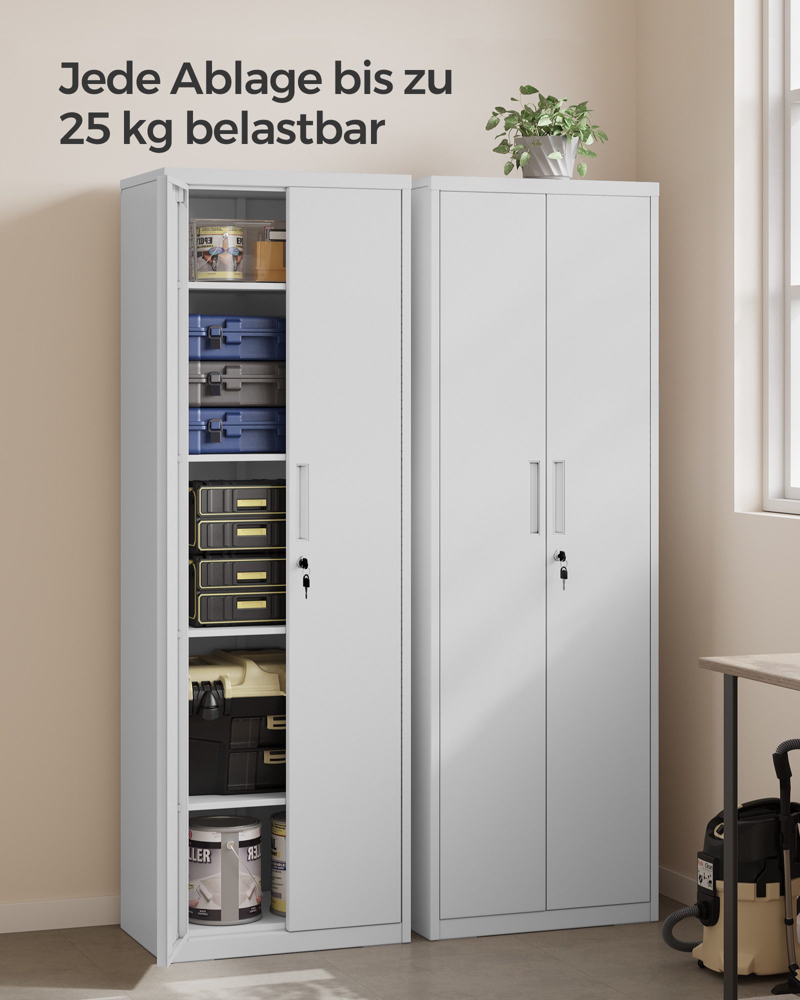 SONGMICS Aktenschrank Mehrzweckschrank, Stahl-Aufbewahrungsschrank, 5 Ebenen Doppeltüren, Schloss, Werkzeugschrank, verstellbare Ablagen