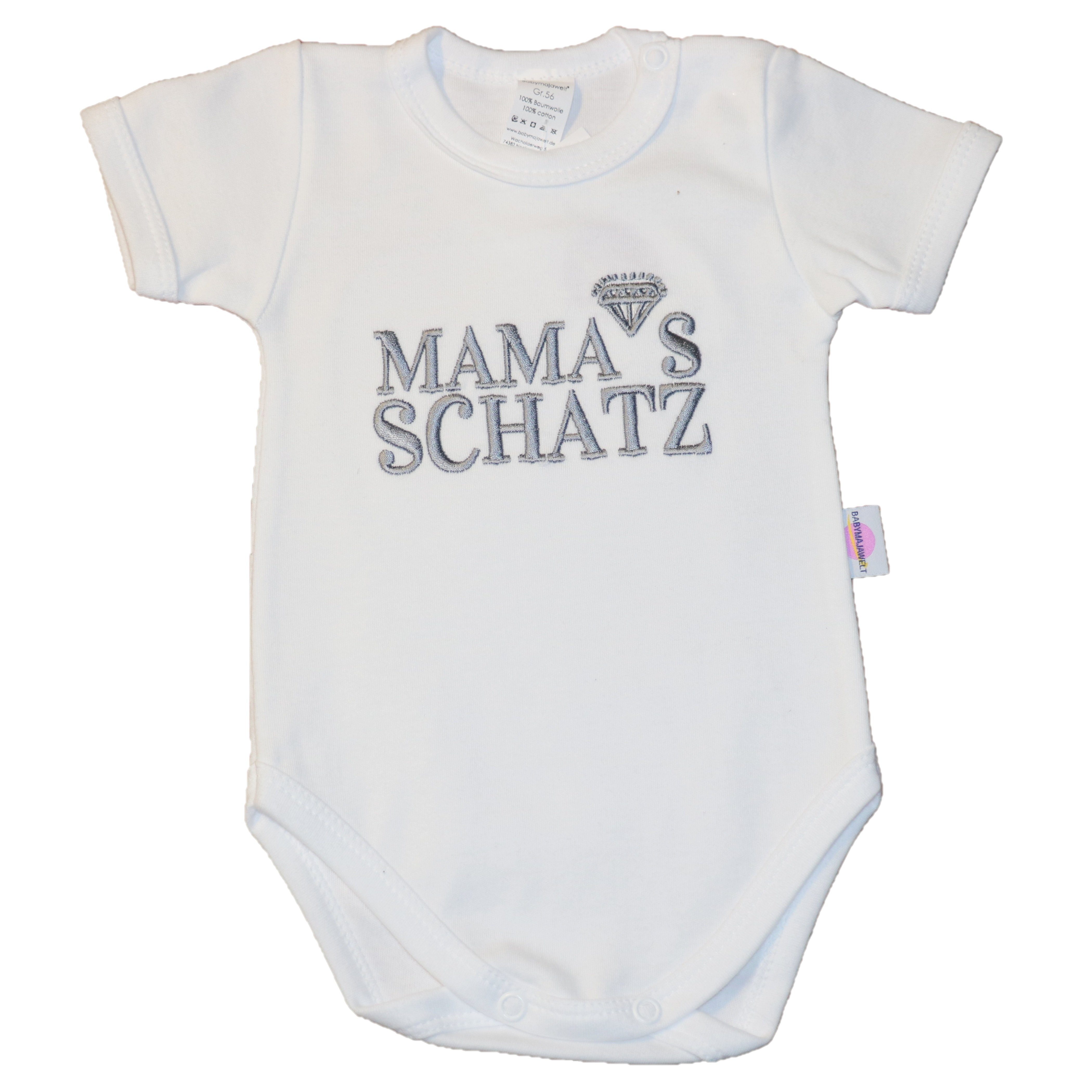 Babymajawelt Kurzarmbody Babybody "Mama´s Schatz" weiss mit silber - Stickerei, Spruchbody aus reiner Baumwolle Made in Europa, Geschenk für Mama, Body mit Druckkönpfen am Hals und im Schritt