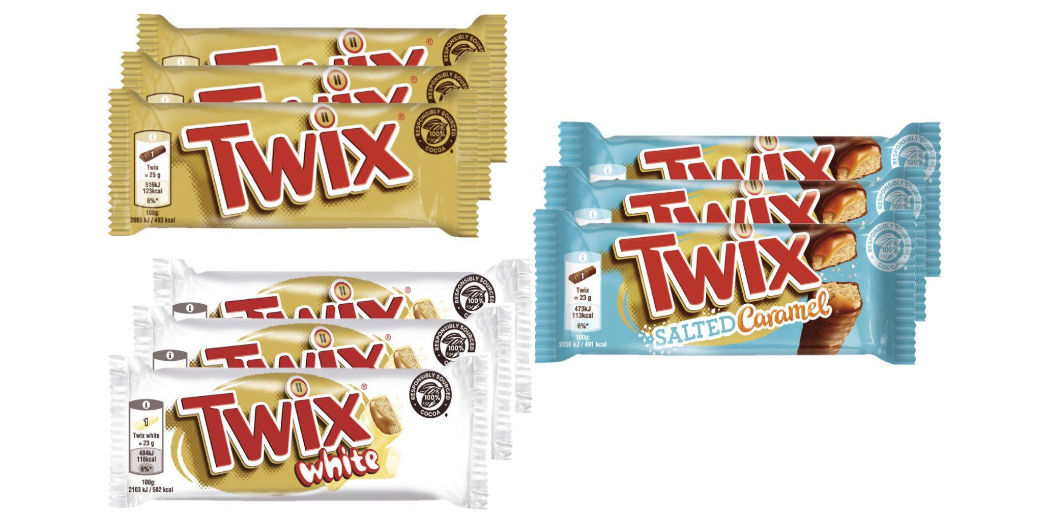 Twix Süßigkeit Twix Schokoriegel Mix 3x Original, 3x Salted Caramel, 3x White