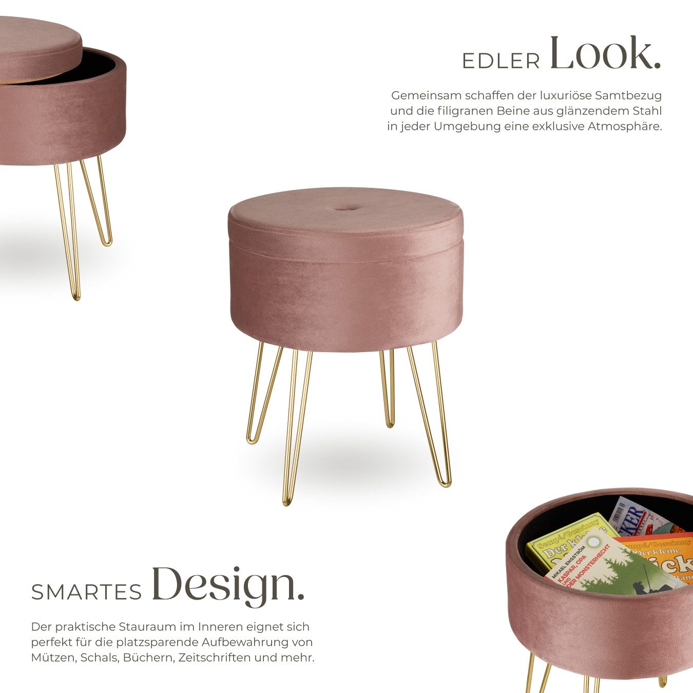 tectake Sitzhocker Schminkhocker Ava gepolstert in Samtoptik 300kg mit Stauraum, rund