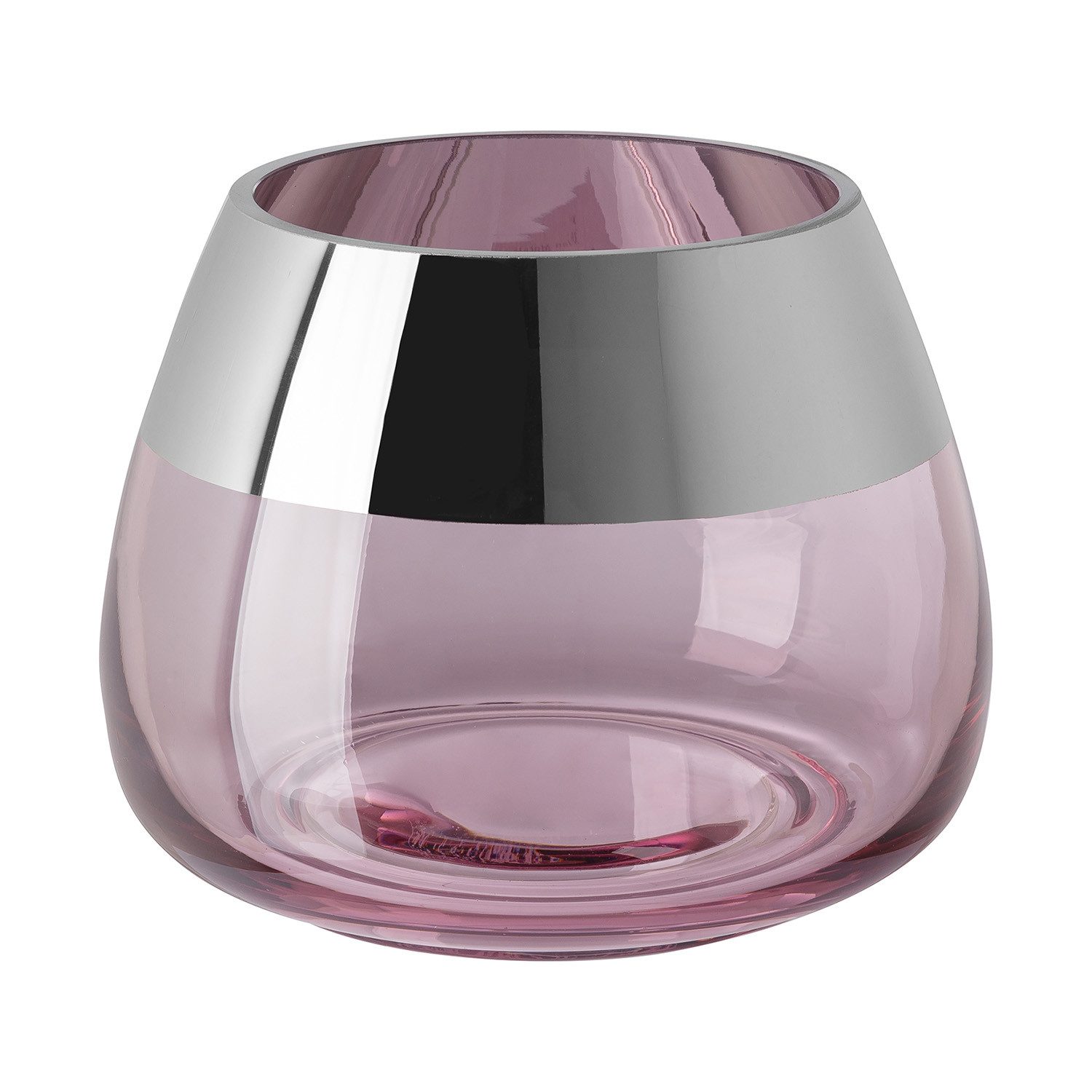Fink Teelichthalter BELLA Teelichthalter - H.11,6cm x D.15cm - Glas - rose/silberfarben (1xTeelichthalter, 1 St., Leuchte - Geschenk für Frauen), Edles Glas-Windlicht: Kerzenhalter für Stumpenkerzen & Kerzenleuchter