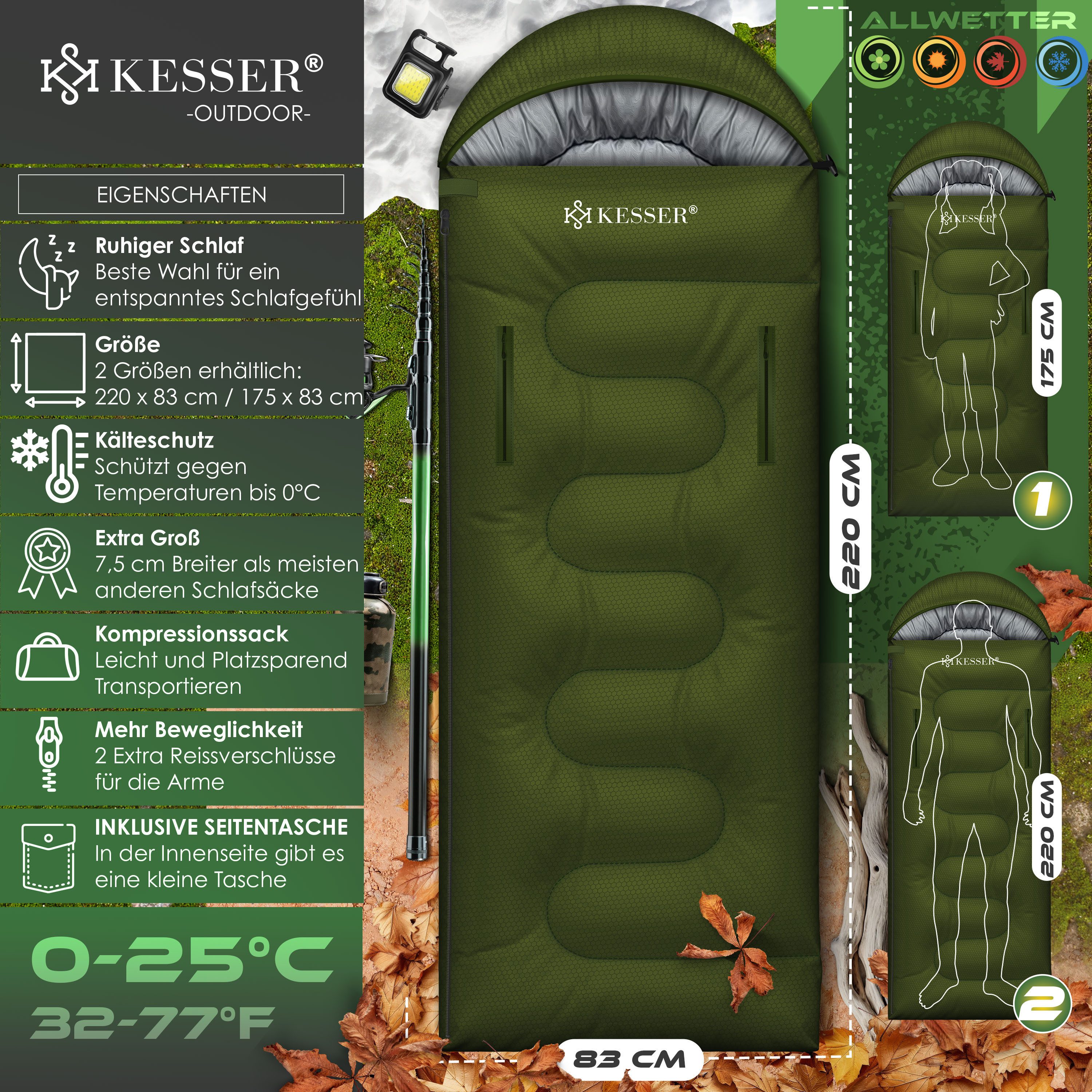 KESSER Deckenschlafsack Camping Schlafsack Outdoor 220x83cm 4 Jahreszeiten (Campingschlafsack inklusive Campinglampe & Seitentasche), für Erwachsene & Kinder Leicht Tragbar Warm & Wasserabweisend