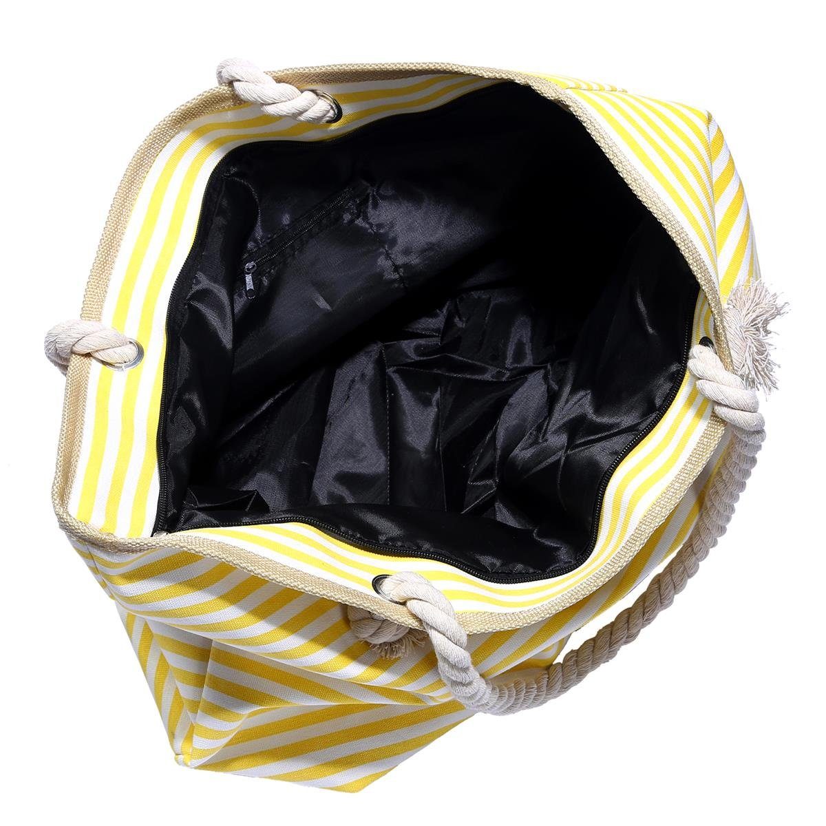 Shopper Reißverschluss, (2-tlg), DonDon inkl. gestreift 1 Beutel wasserabweisende mit Große kleinem Tasche gelb-weiß Strandtasche Strandtasche,