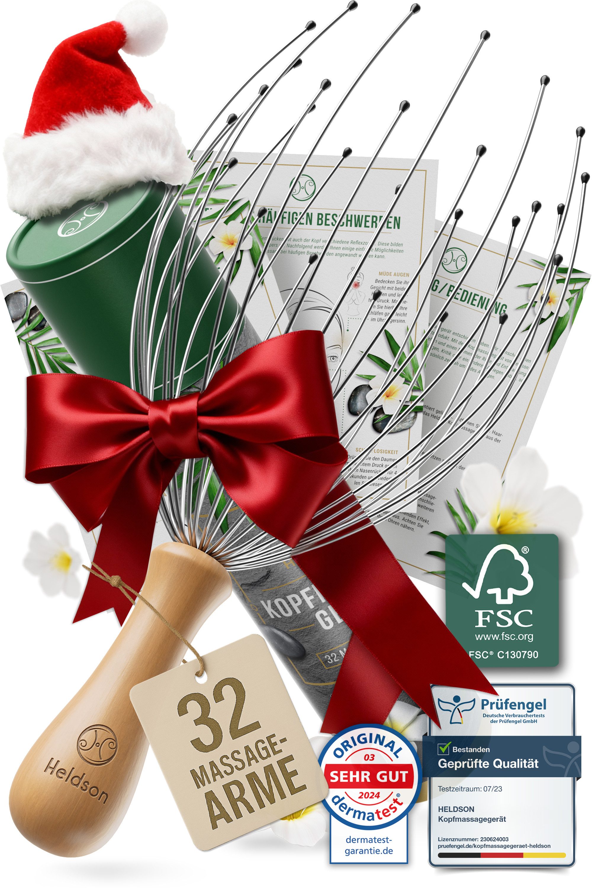 Massagegerät HELDSON® Kopfmassage Spinne 32 Finger, FSC Holz, Dermatest Sehr Gut