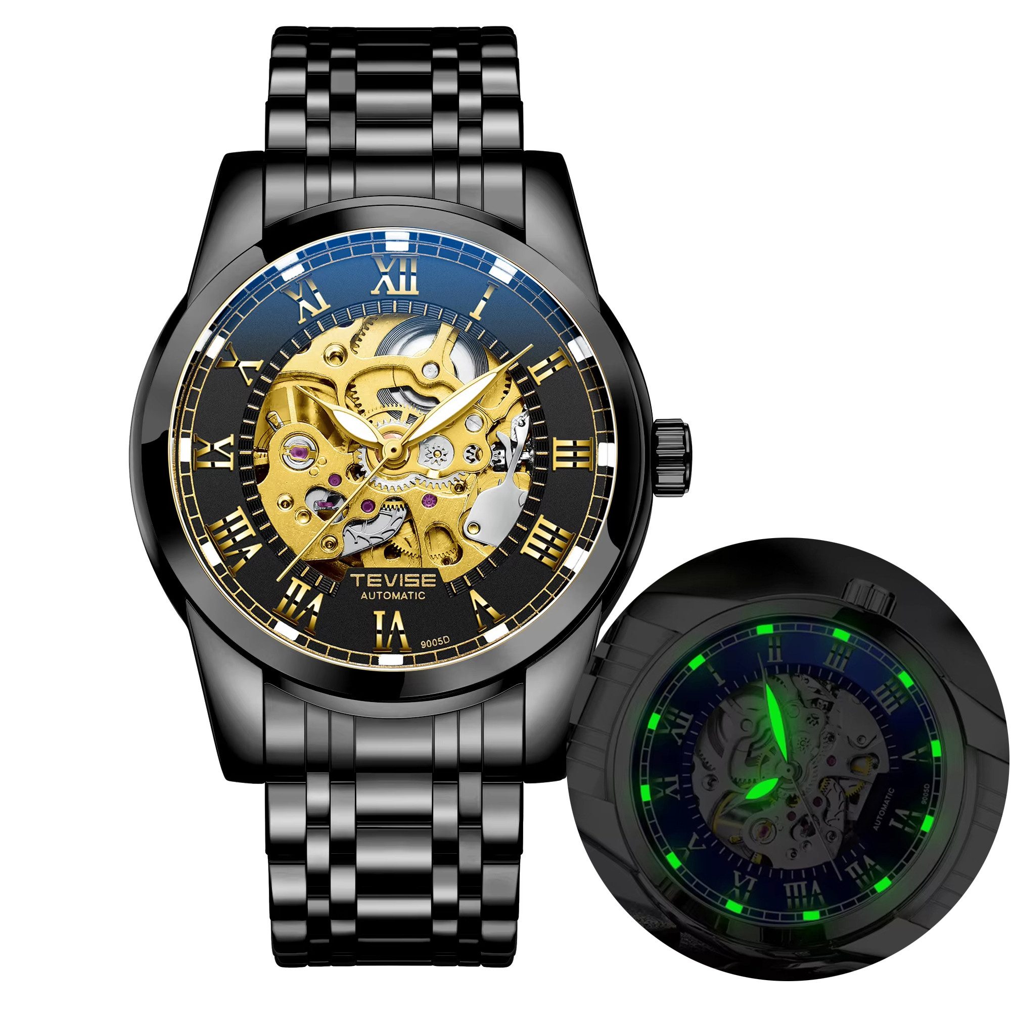 MOPUEA Mechanische Uhr Quarzuhr Automatische Armbanduhr römische Zahl Herren Skelett, (Dreidimensionales Felgendesign Fashion, Wasserdicht & Kratzfest, 1-tlg., Automatikuhr für Herren, 3D-Skelett-Design), schwarz, Edelstahl, 30 m wasserdicht, Nachtlicht