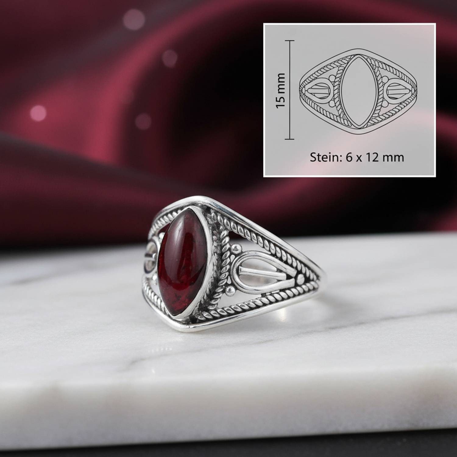 mantraroma Silberring DAHAB Ellipse aus 925 Silber mit Granat (Ring mit Schmuckbeutel), Damenring aus 925er Silber