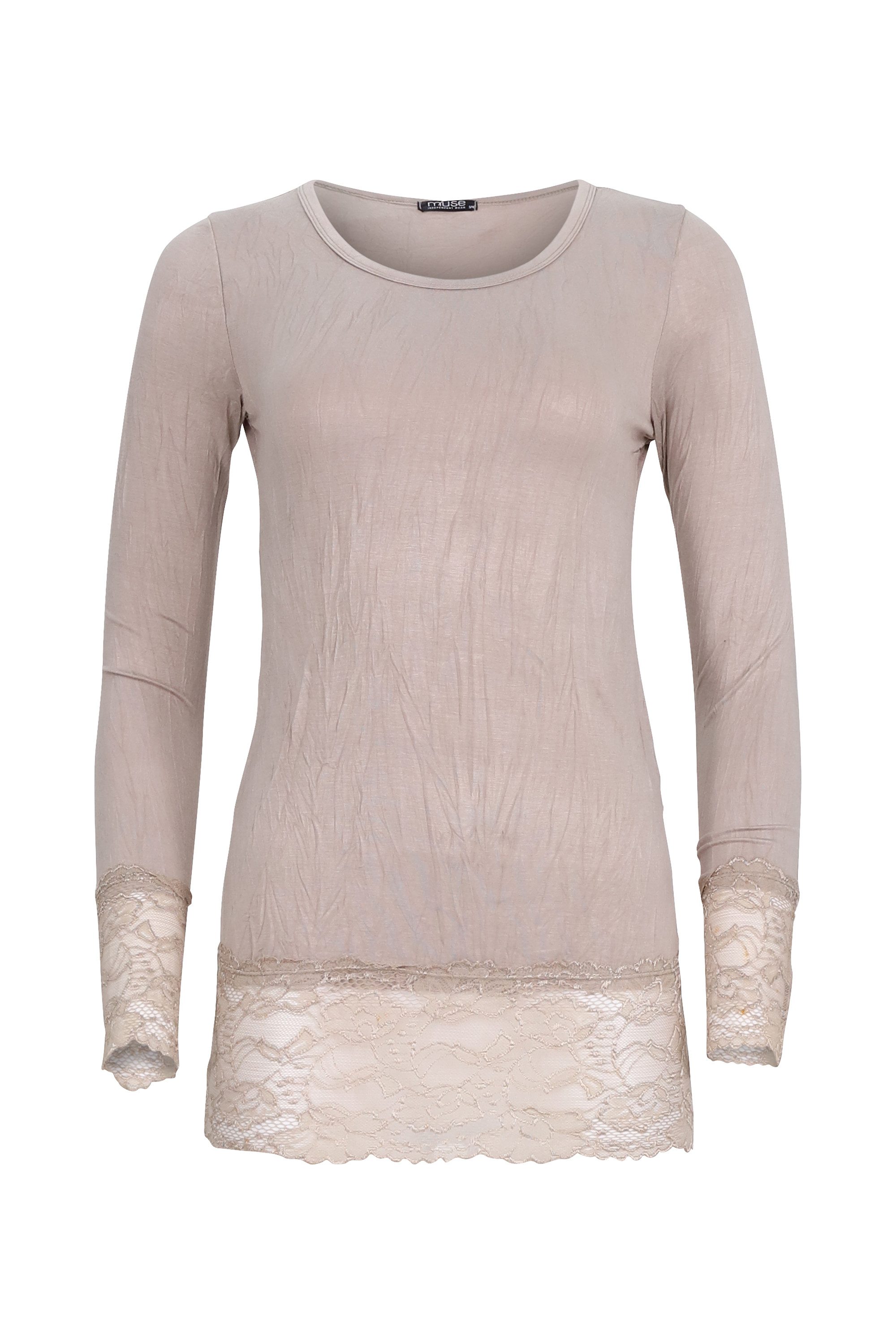 Rundhalsshirt Langarm Longshirt mit Spitzensaum 0998