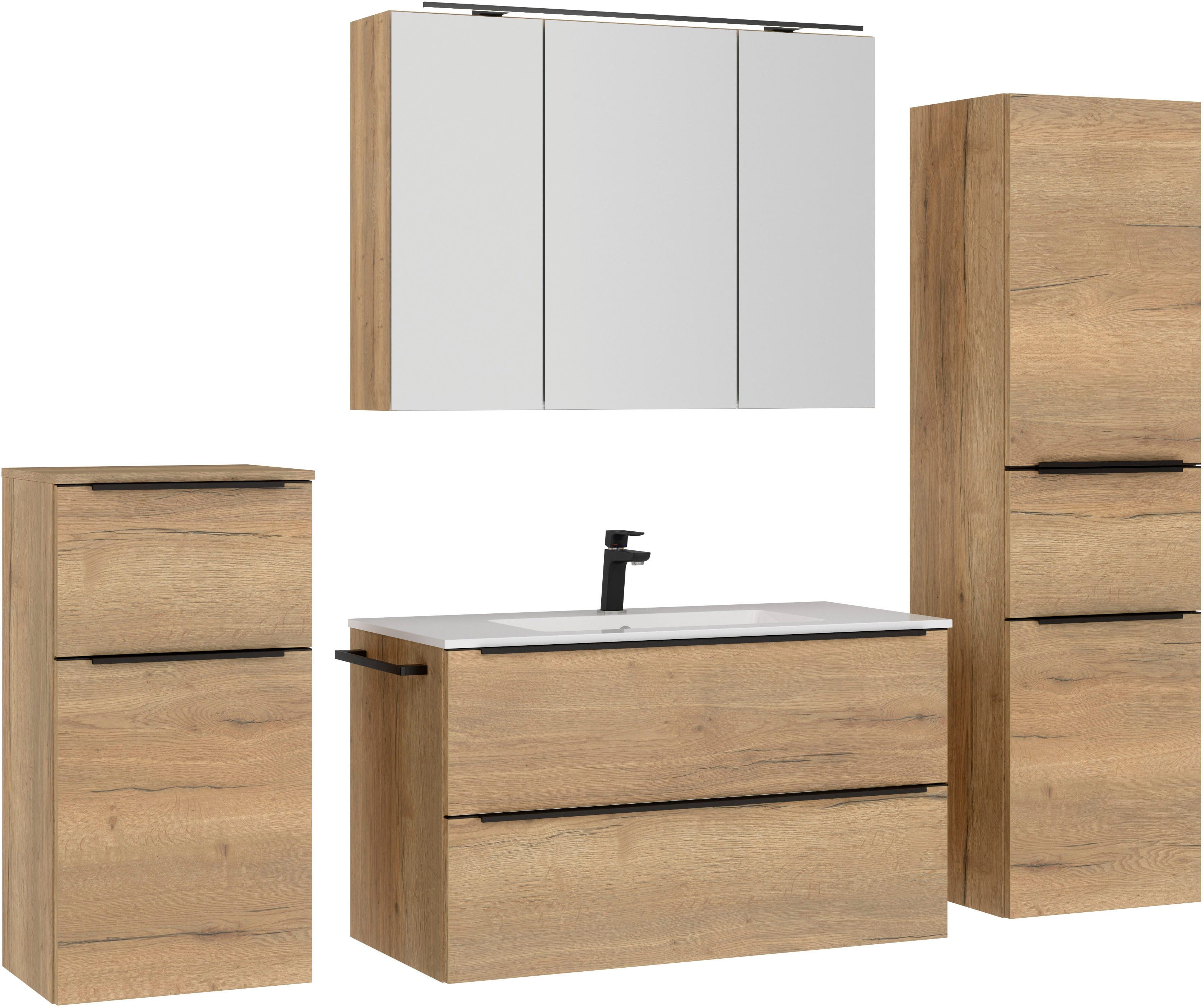 nobilia® Badmöbel-Set Levere, (4-St., vormontiert, mit Soft-Close), inkl. Spiegelschrank mit Beleuchtung und Dimmerfunktion, in 4 Breiten