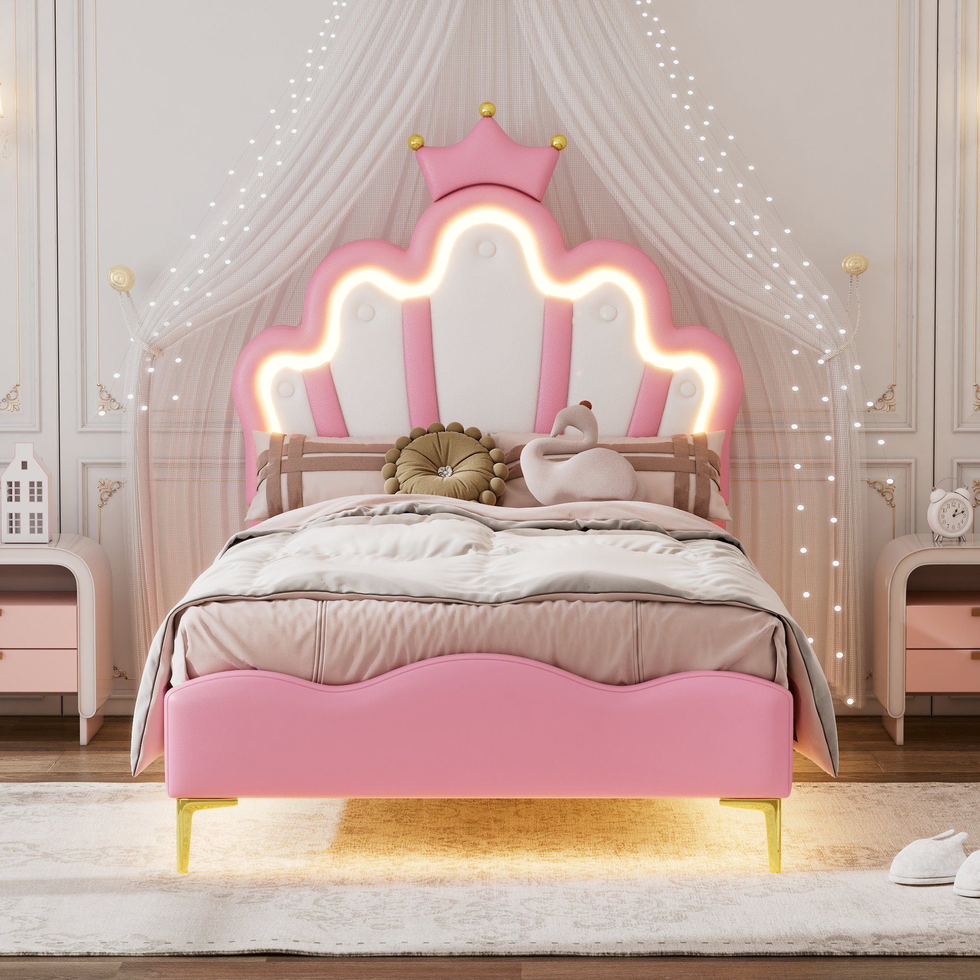 Flieks Polsterbett, LED Kinderbett Einzelbett mit krone-Form Prinzessinnenbett 90x200cm