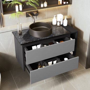 Merax Badmöbel-Set, (Waschbeckenunterschrank mit Aufsatzwaschbecken, ohne Ablaufgarnitur), Hängeschrank mit Arbeitsplatte aus Marmor