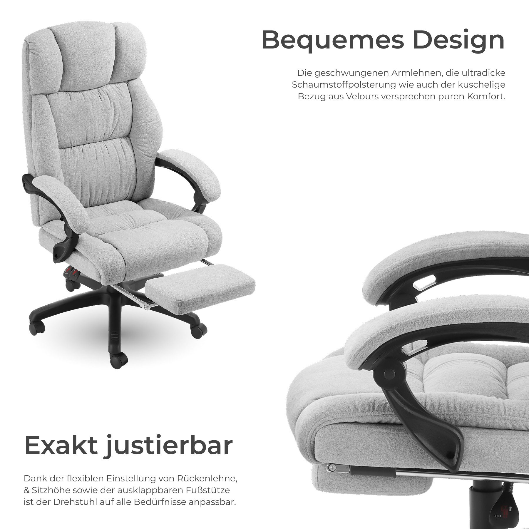 tectake Chefsessel Bürostuhl Jillien mit Fußstütze und Velours, Belastbarkeit 120 kg (Set, 1 St), Superdicke Polsterung mit weichem Velours
