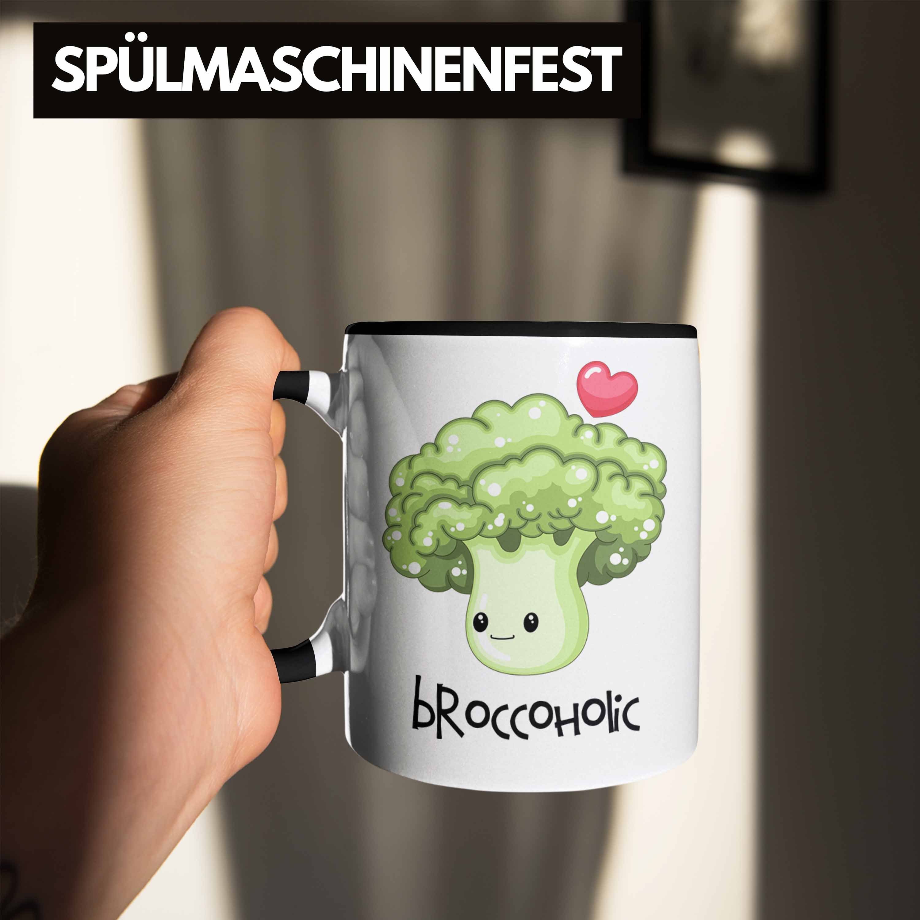 Trendation Tasse Lustige Broccoli-Tasse "Broccoholic" für Gemüseliebh Witziges Schwarz Geschenk