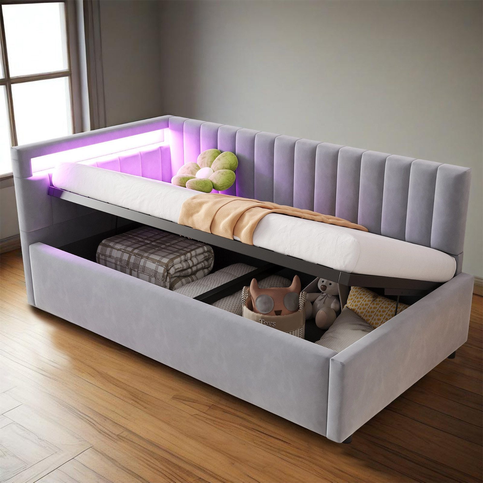 MODFU Schlafsofa Kinderbett, 90x200 cm mit LED-Beleuchtung, hydraulischem Stauraum, Polsterbett Stauraumbett, verstellbarem Kopfteil & Samtbezug, Ohne Matratze