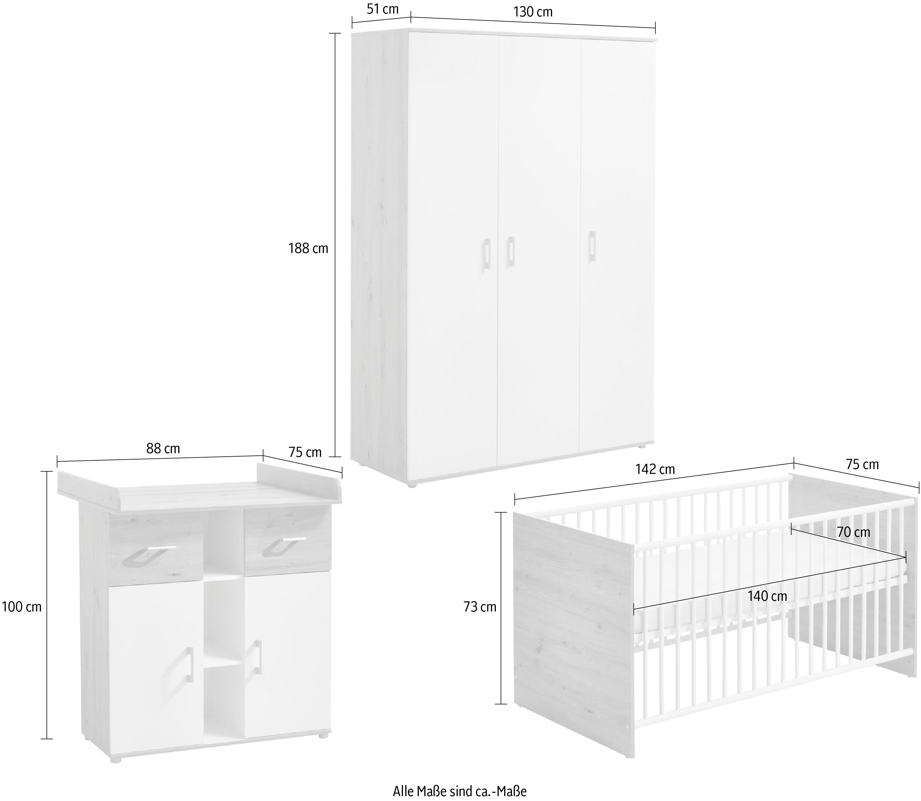 arthur berndt Babyzimmer-Komplettset Babyzimmer-Set Wickelkommode bestehend Kinderbett Kleiderschrank, 3-teilig, und (Set, 3-St), aus »Matheo«