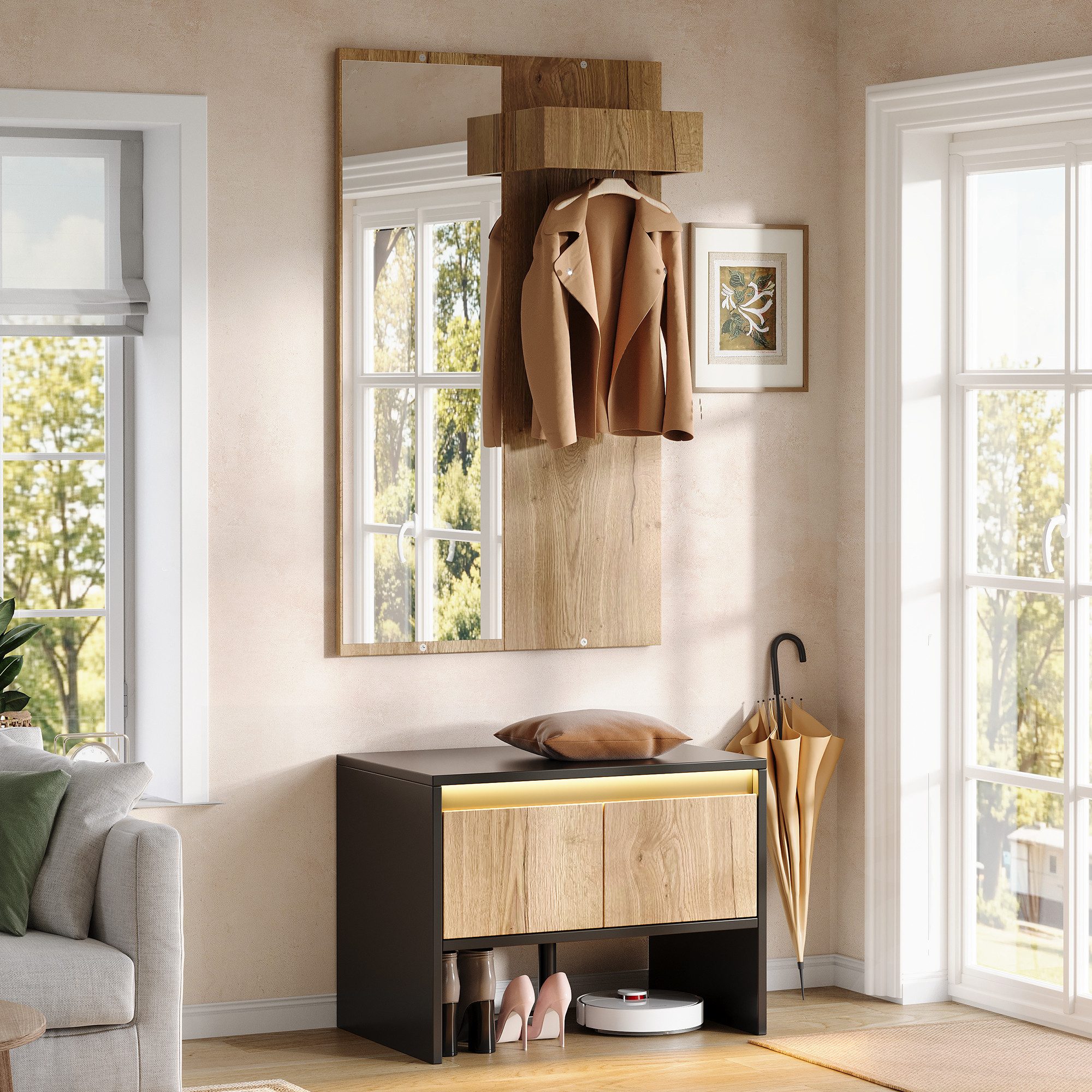 Flieks Garderoben-Set Garderobe mit Schuhbank in Holzoptik, (2-St), Schuhbank mit LED-Beleuchtung, Paneel mit Kleiderständer und Spiegel