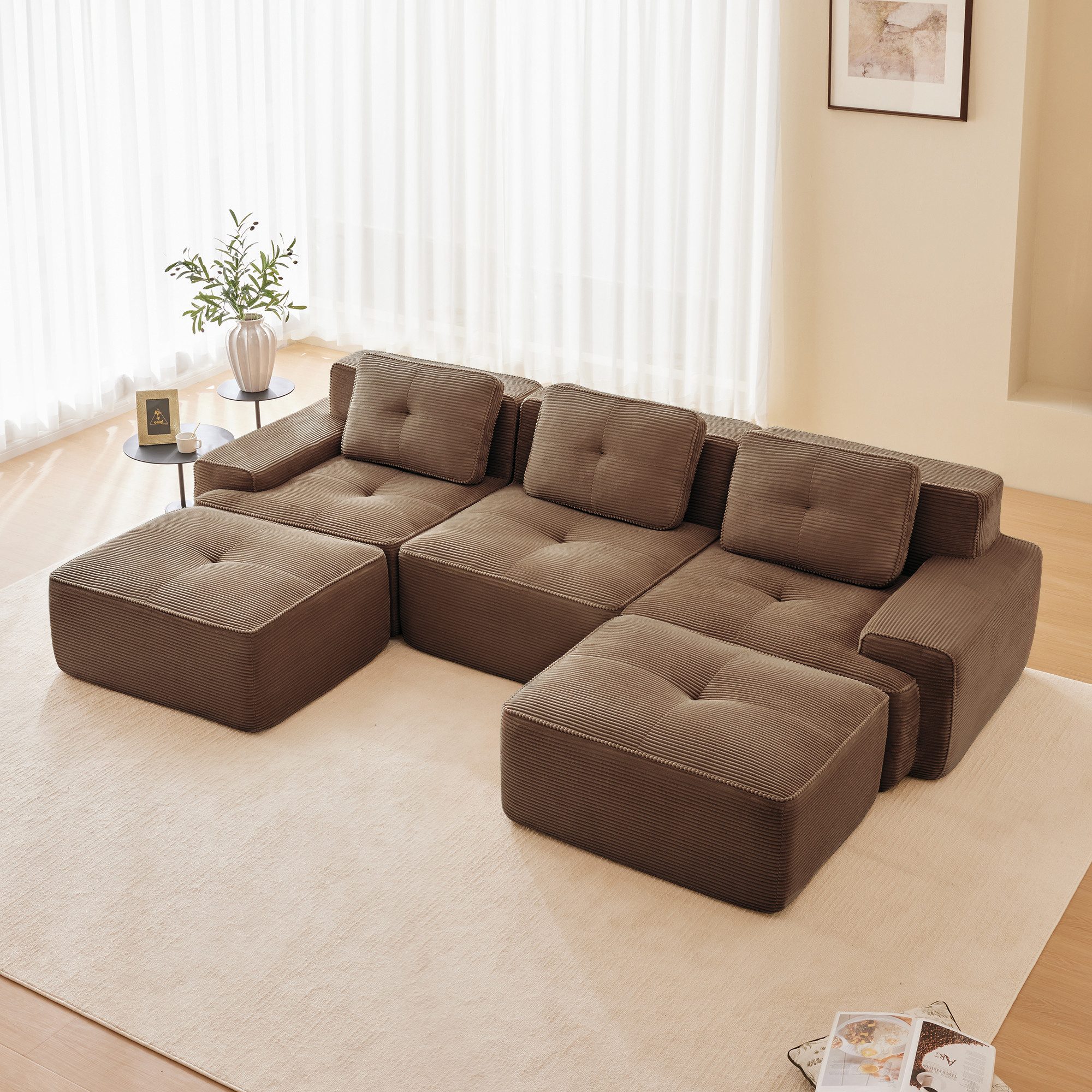 Leawin Sofa Cloud Modulsofa Boneless U-Sofa, 3-Sitzer Cordsofa, modular, Modulares Cloud-Sofa mit Tiefsitz, Ottoman & montagefreiem Design