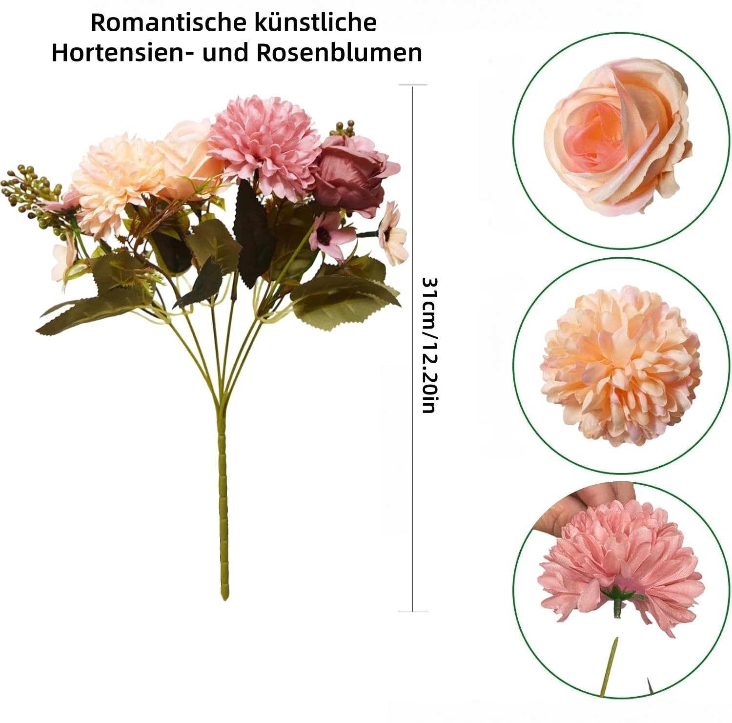 Kunstblumenstrauß 4er Set rosa künstliche Rosenblumensträuße, FOUORTUNATE-BEE, Künstliche Blumensträuße mit Rosen, Hortensien & Gänseblümchen – Bild 2 von 5