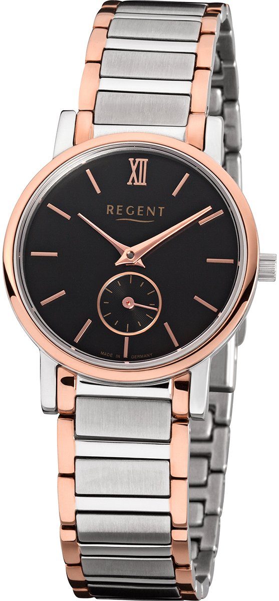 Regent Quarzuhr klein Damen-Armbanduhr rund, Armbanduhr 27mm), rosegold, Edelstahlarmband Regent (ca. silber Damen