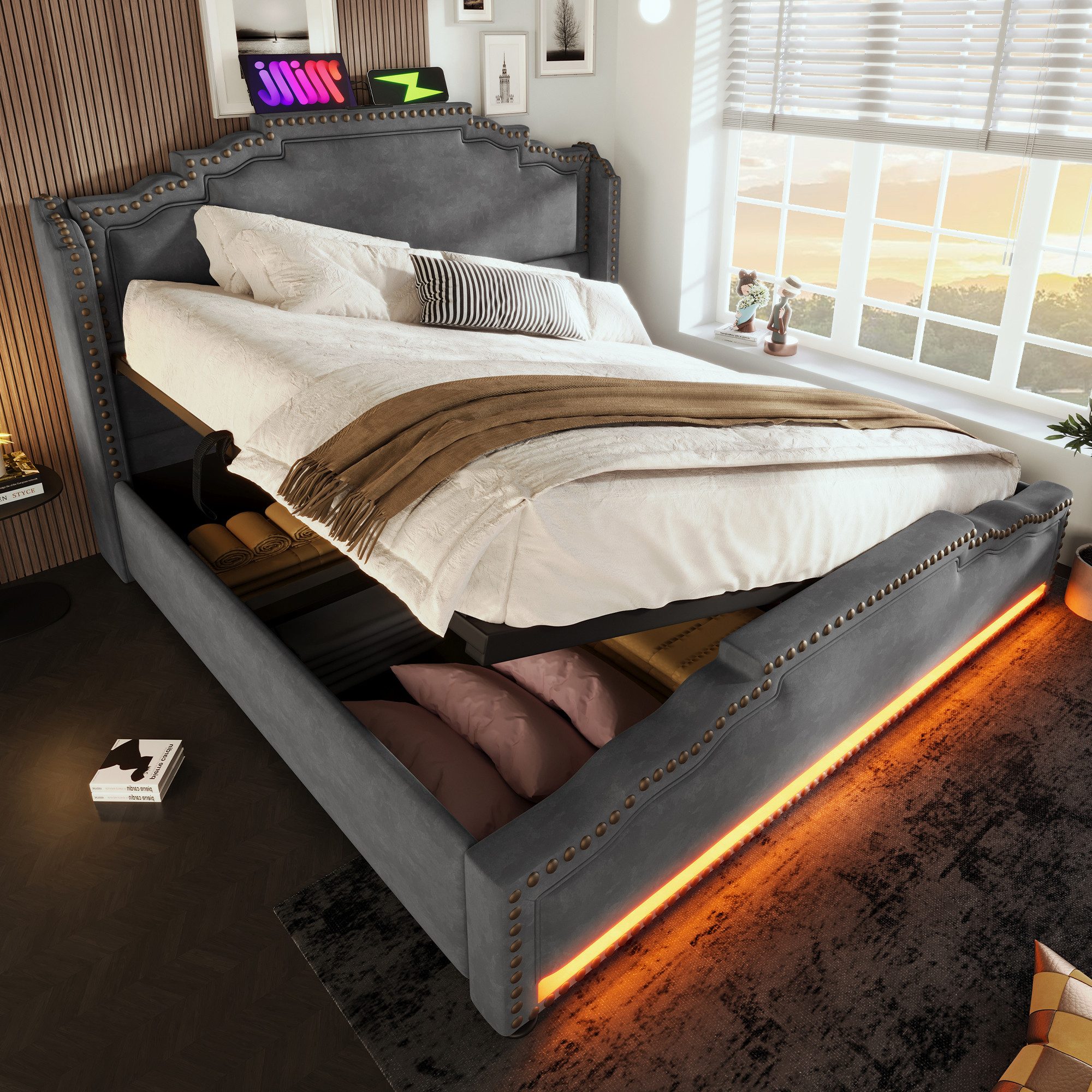 Celya Polsterbett Doppelbett mit hydraulischem Stauraum (140x200cm, ohne Ma günstig online kaufen