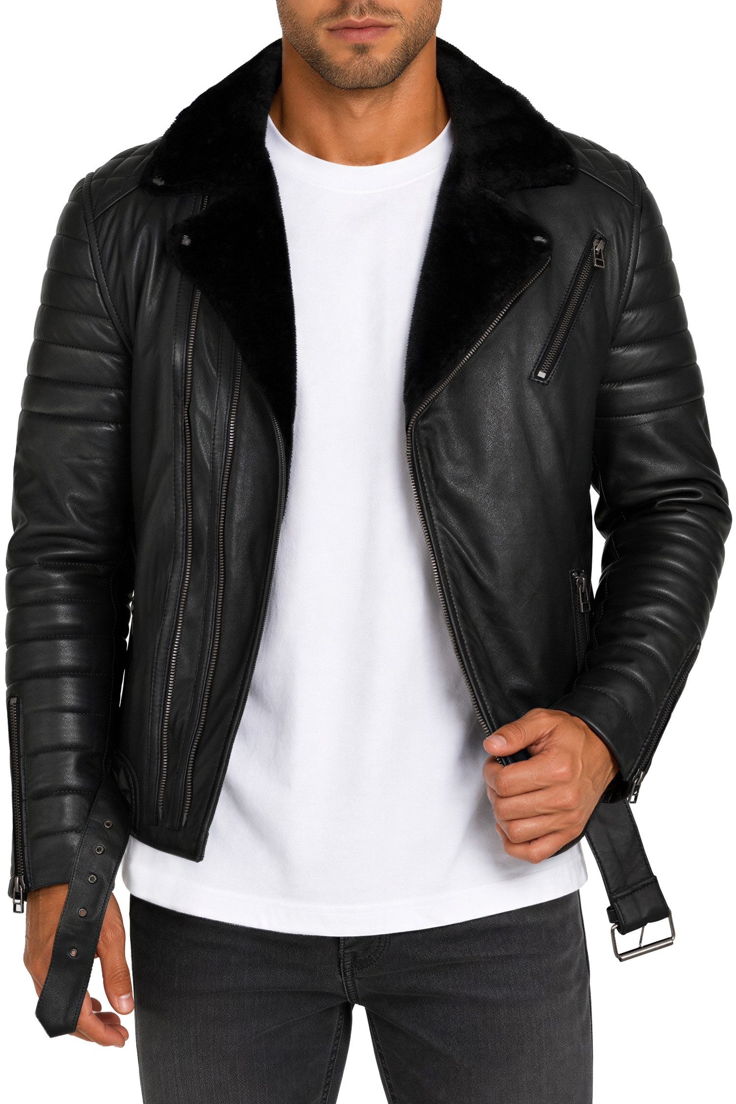 Reichstadt Bikerjacke Herren Slim Fit Kunstleder RS008PU Kunstfell-Innenfutter, abnehmbarer Gürtel, fünf Taschen