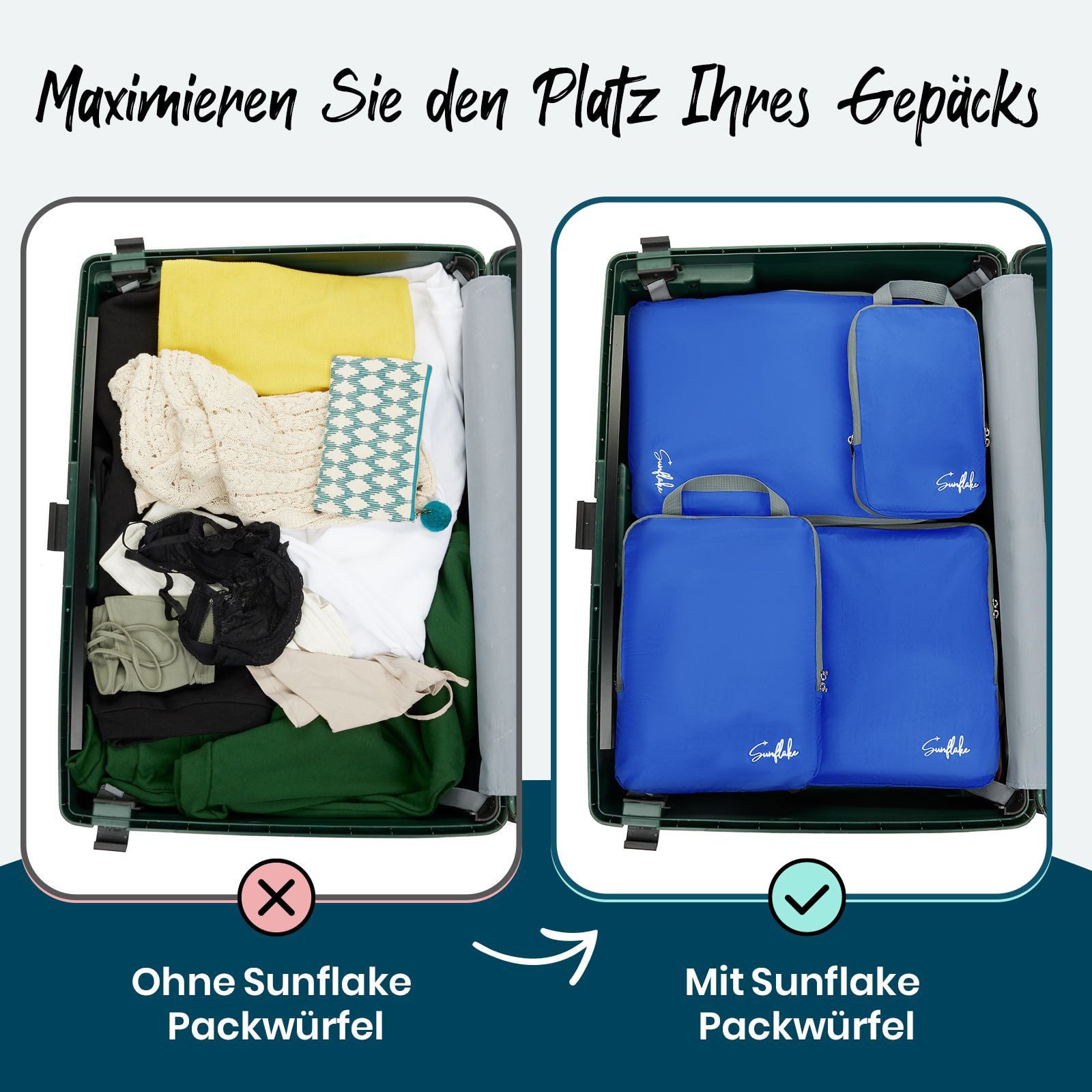Sunflake Kofferorganizer Packwürfel Kompression 4er Set (Kompressions-Packwürfel / Kompressionswürfel, 4-tlg)
