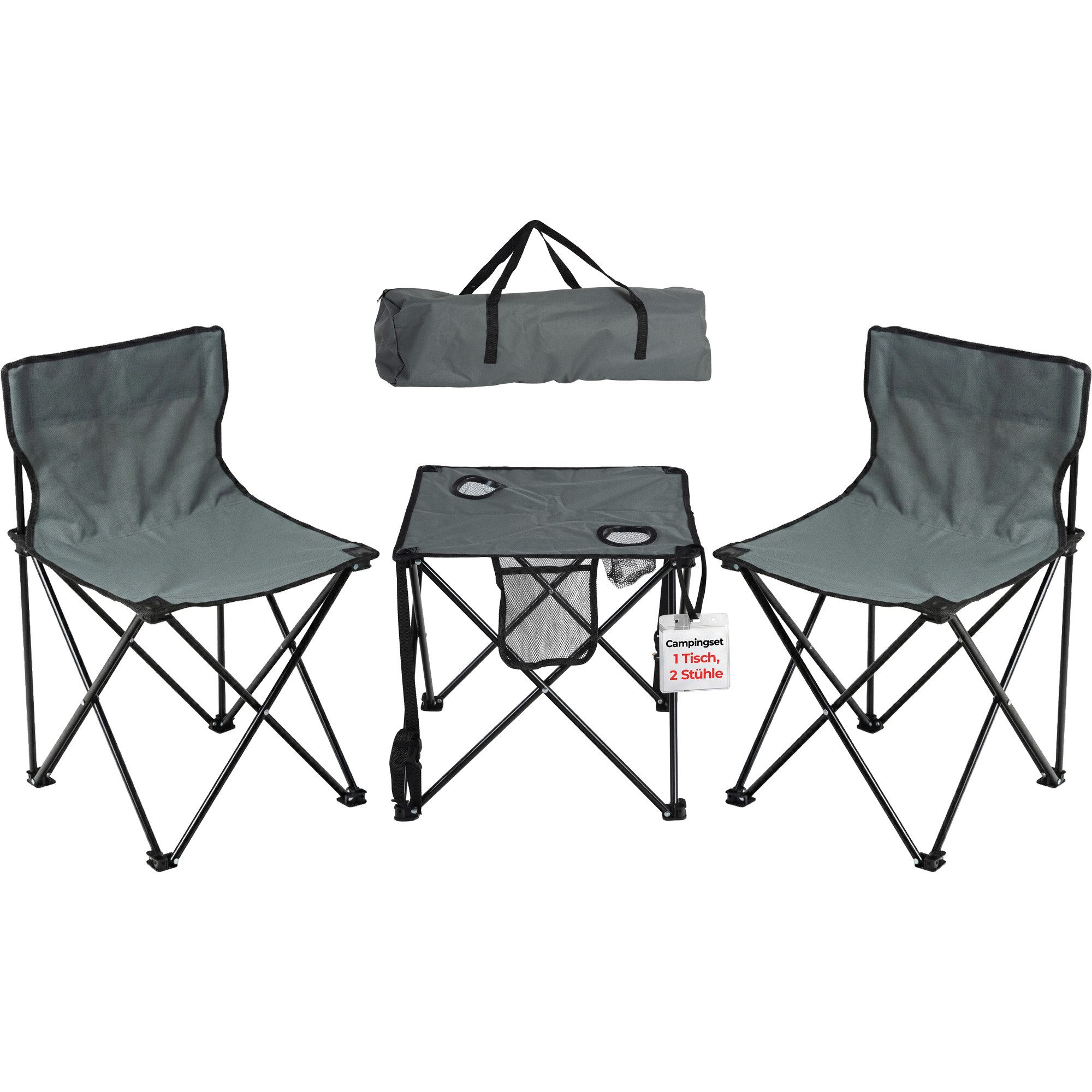 Stagecaptain Campingtisch CS-4547 Campingtisch-Set Grau mit 2 Faltstühlen (Set, 3-St., mit 2 faltbaren Campingstühlen, Tragetasche inklusive), Klapptisch mit Getränkehalter und Seitentasche