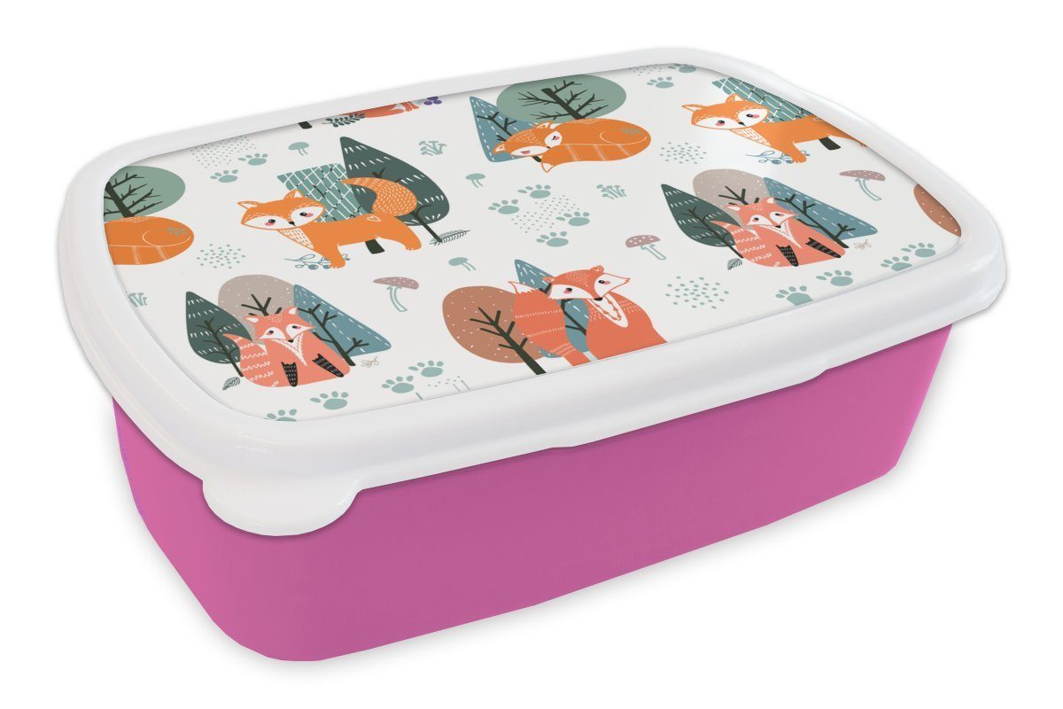 MuchoWow Lunchbox Muster - Fuchs - Baum, Kunststoff, (2-tlg), Brotbox für Erwachsene, Brotdose Kinder, Snackbox, Mädchen, Kunststoff rosa