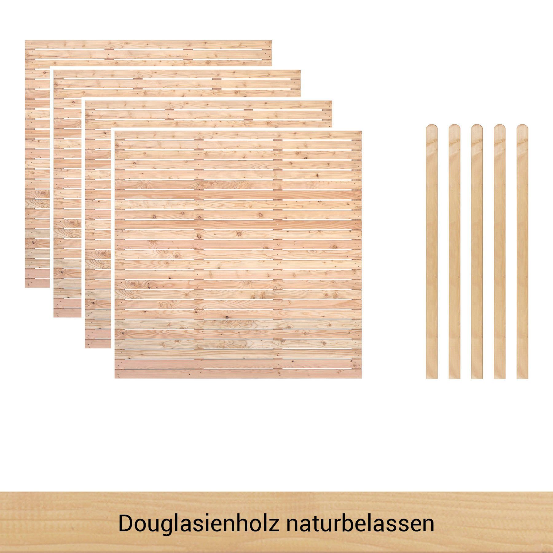 BM Massivholz Zaun Kurt Set 4, (Set), 4 Zaunelemente 180 x 180cm, 5 Pfosten, Kopf gerundet, Länge 190cm