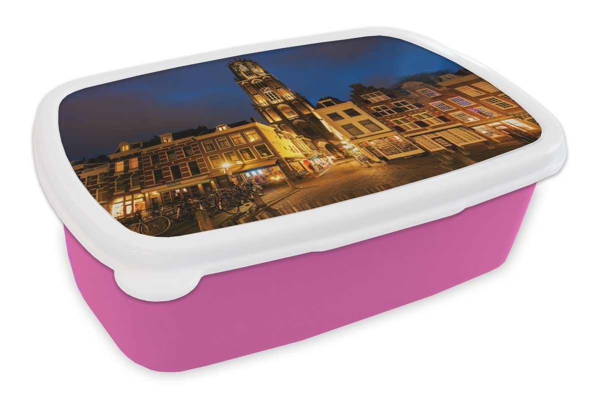 MuchoWow Lunchbox Nacht - Domturm - Utrecht, Kunststoff, (2-tlg), Brotbox für Erwachsene, Brotdose Kinder, Snackbox, Mädchen, Kunststoff rosa