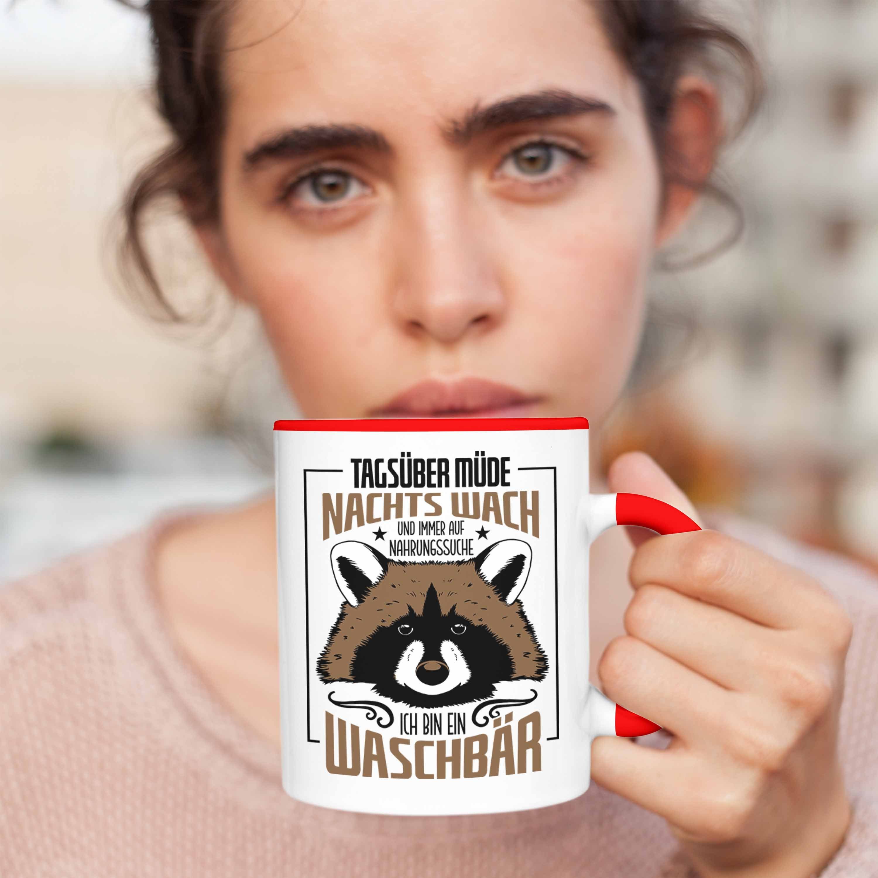 Trendation Trendation Nachts Waschbär - Lustige Tasse Wach Rot Tasse Geschenk Tagsüber Müde