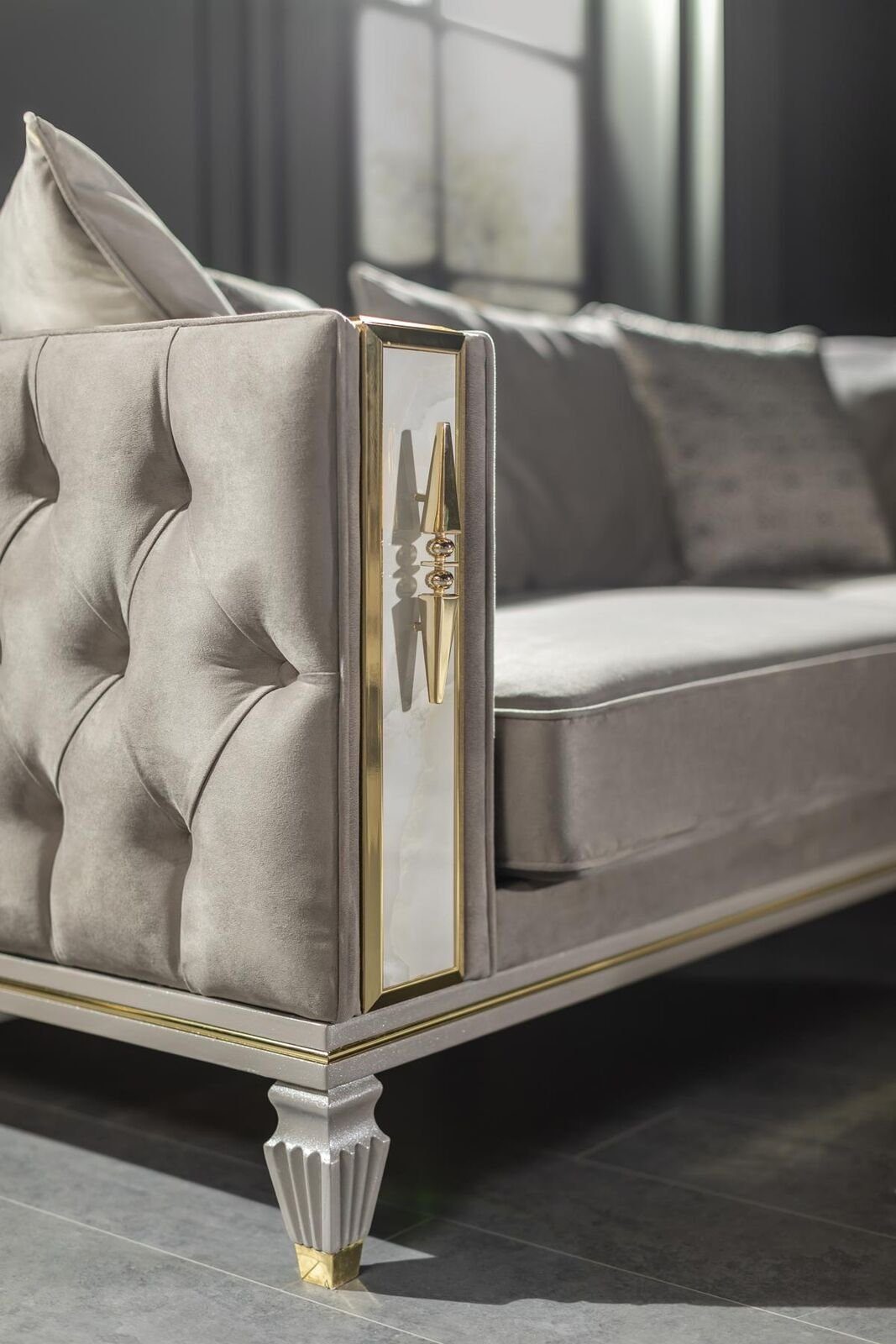 JVmoebel Wohnzimmer-Set Wohnzimmer Grau Sessel Couchtisch Sofagarnitur 2x Beistelltisch Luxus