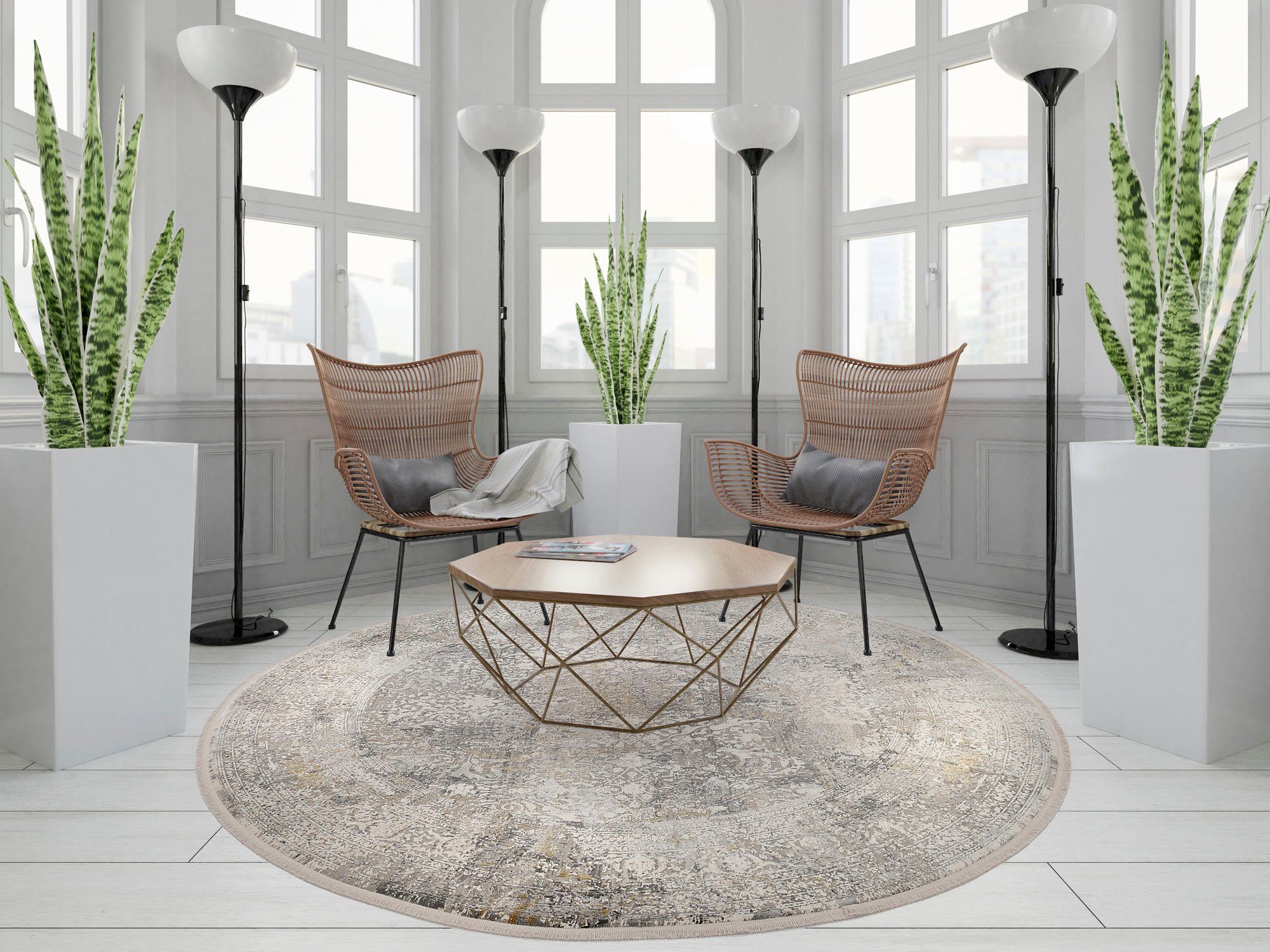 OCI DIE TEPPICHMARKE Teppich BESTELLER CAVA, rund, Höhe: 8 mm, Glanz Viskose, mit Fransen, Hoch Tief Struktur, Vintage, Wohnzimmer