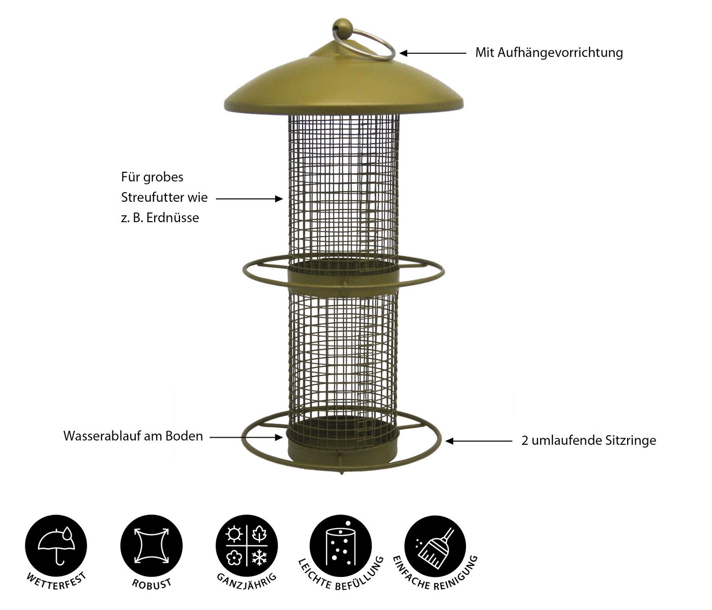 Thumbnail - Dehner Vogelhaus Futtersäule Adeline für Wildvögel, ca. 30 x 16 x 16 cm, Metall, gold, Futterstation für Wildvögel, Futt...